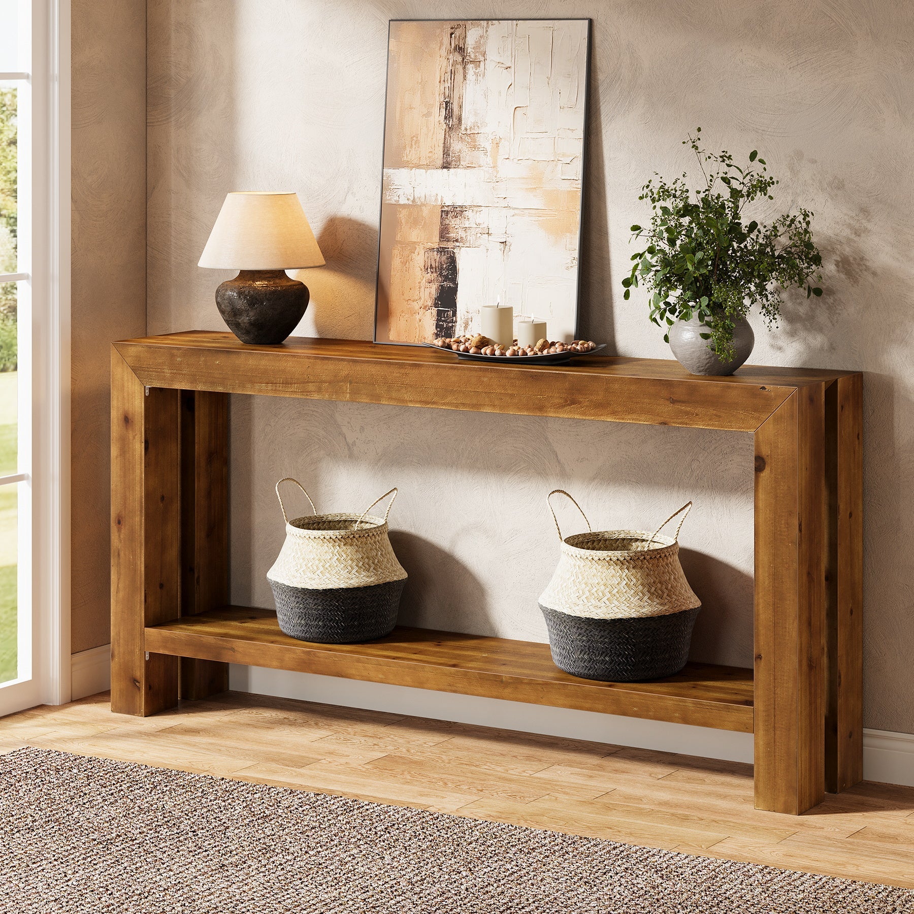 63" Solid Wood Console Table, 2-Tier Sofa Entryway Table for Hallway