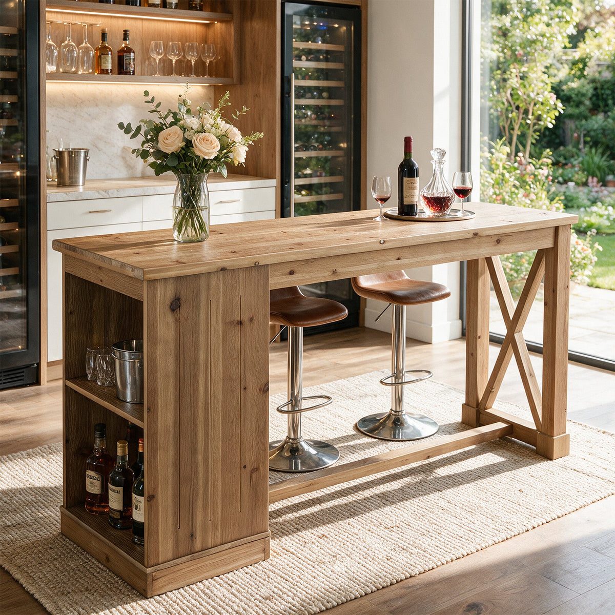 63" Counter Height Bar Table, Farmhouse Solid Wood, Rectangular with 2-Tier Storage