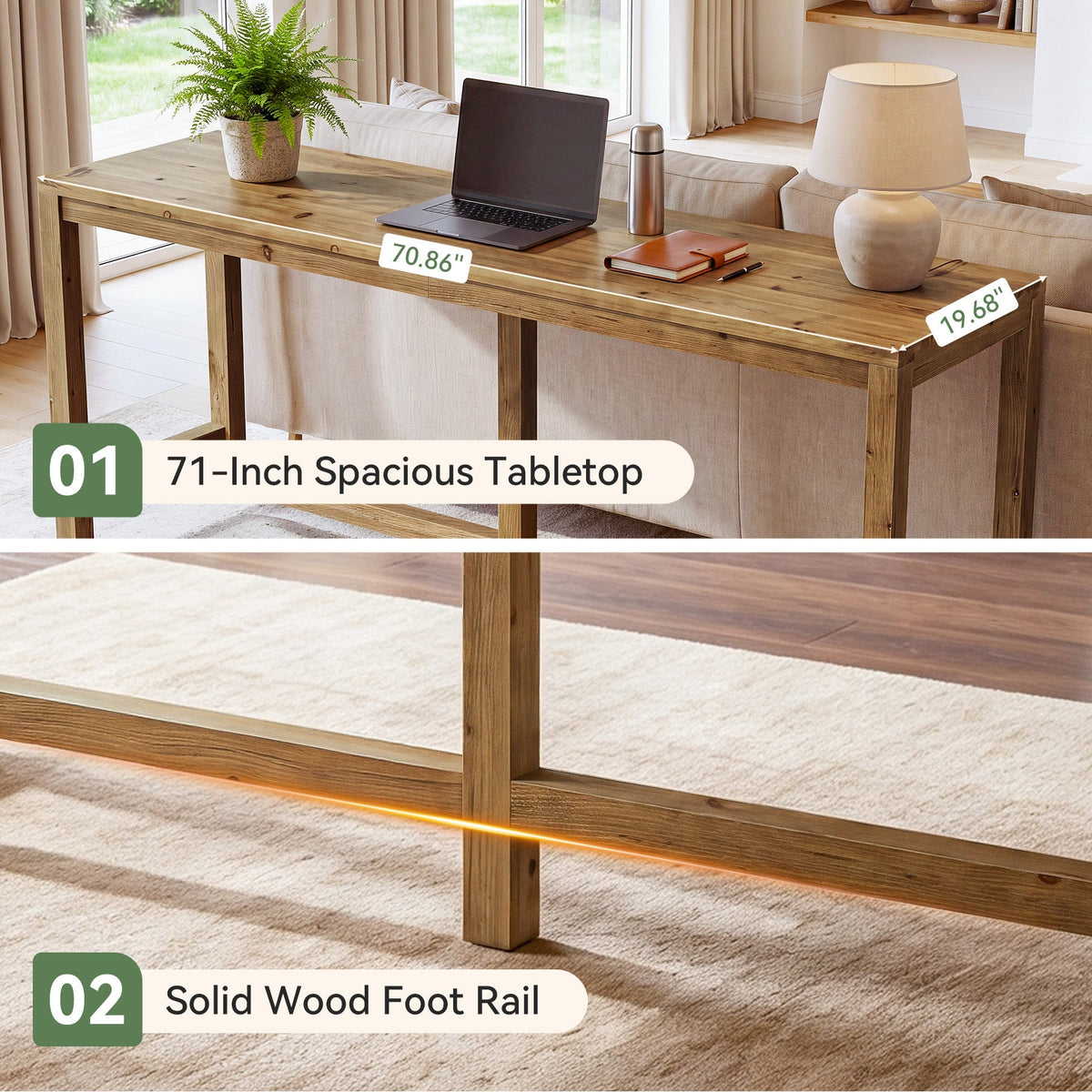 70.9" Solid Wood Bar Table for 6-8 People, Narrow Counter Height Pub Table with Footrest