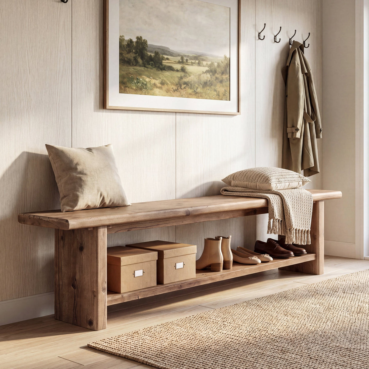 71” Solid Wood Entryway Bench with Shoe Storage Shelf, Indoor Storage Bench for Hallway