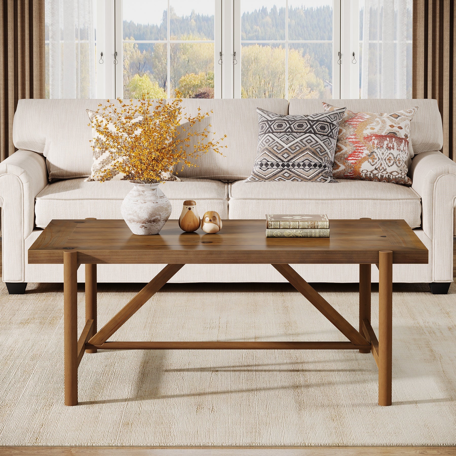 47" Solid Wood Coffee Table, Rectangular Center Tea Table with Column Legs