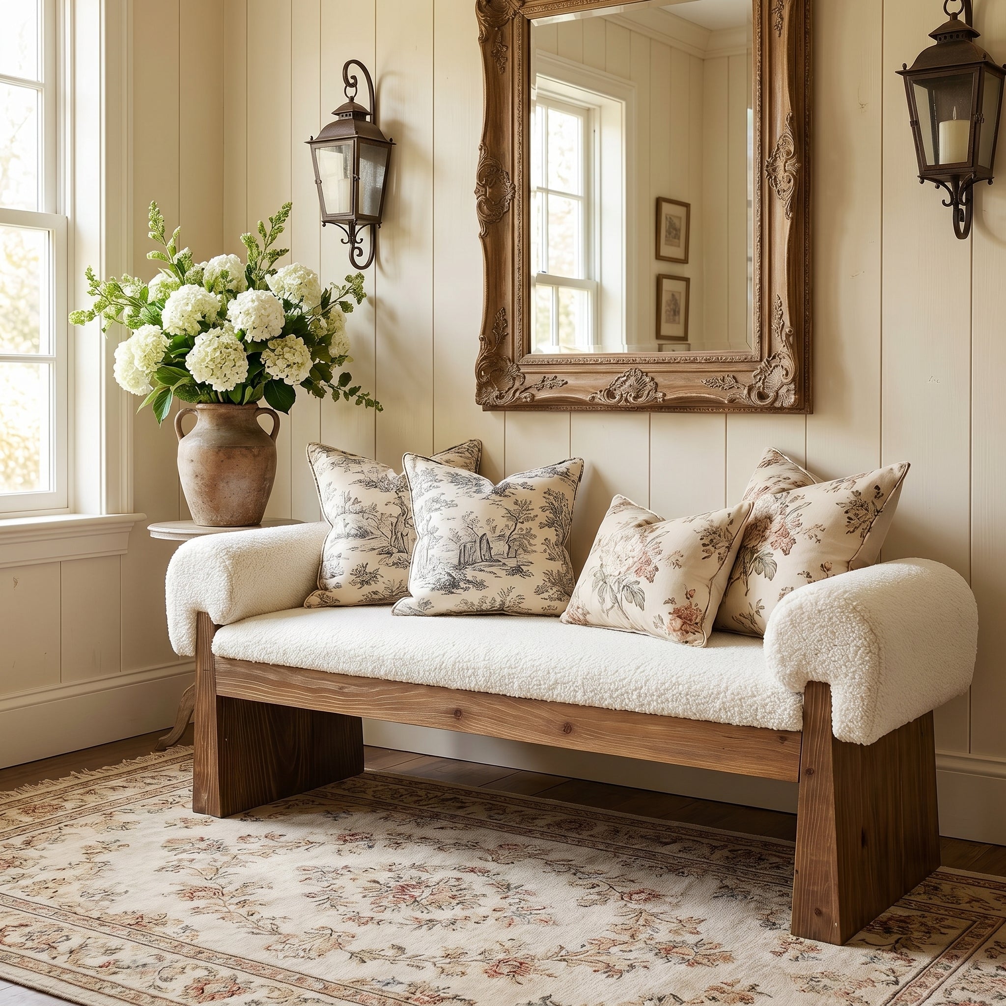 Solid Wood Cushioned Bench, Upholstered Entryway Bench End of Bed Bench