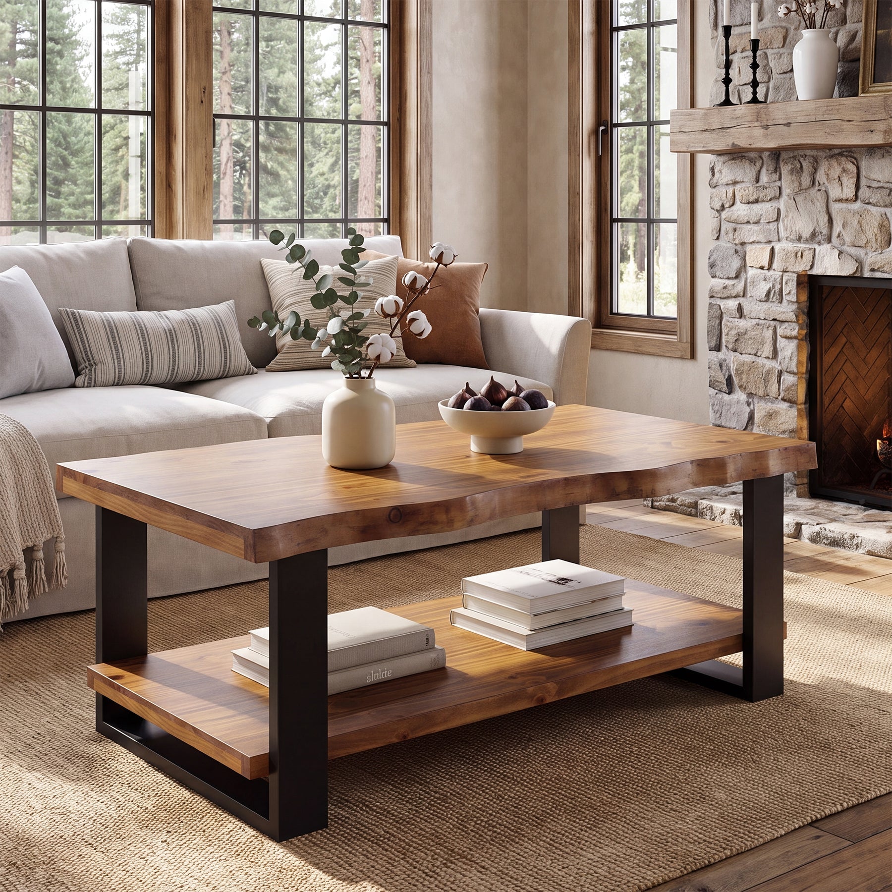 47" Solid Wood Coffee Table, 2-Tier Vintage Center Table for Living Room