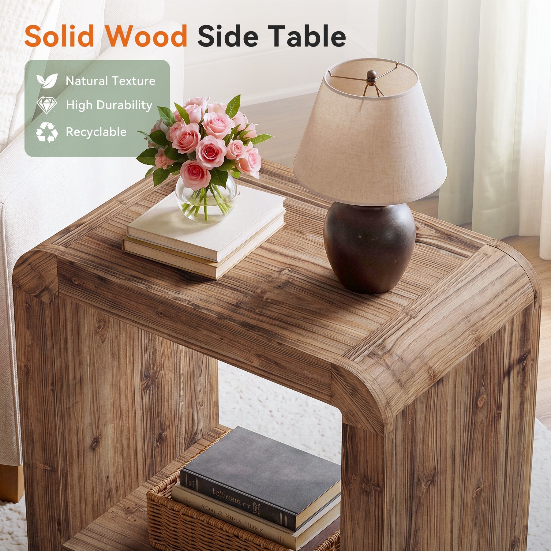 23.62" Solid Wood End Table, 2-Tier Narrow Side Table with Storage for Living Room