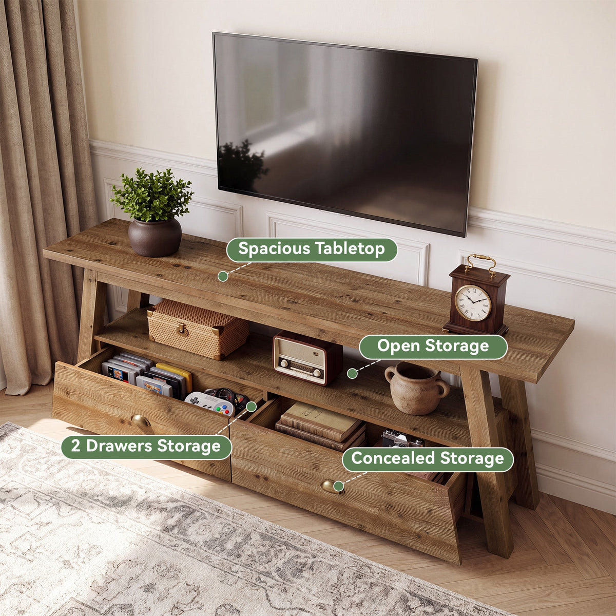 63" TV Stand for TVs Up to 70", Solid Wood 2-Tier Media Console with Drawers