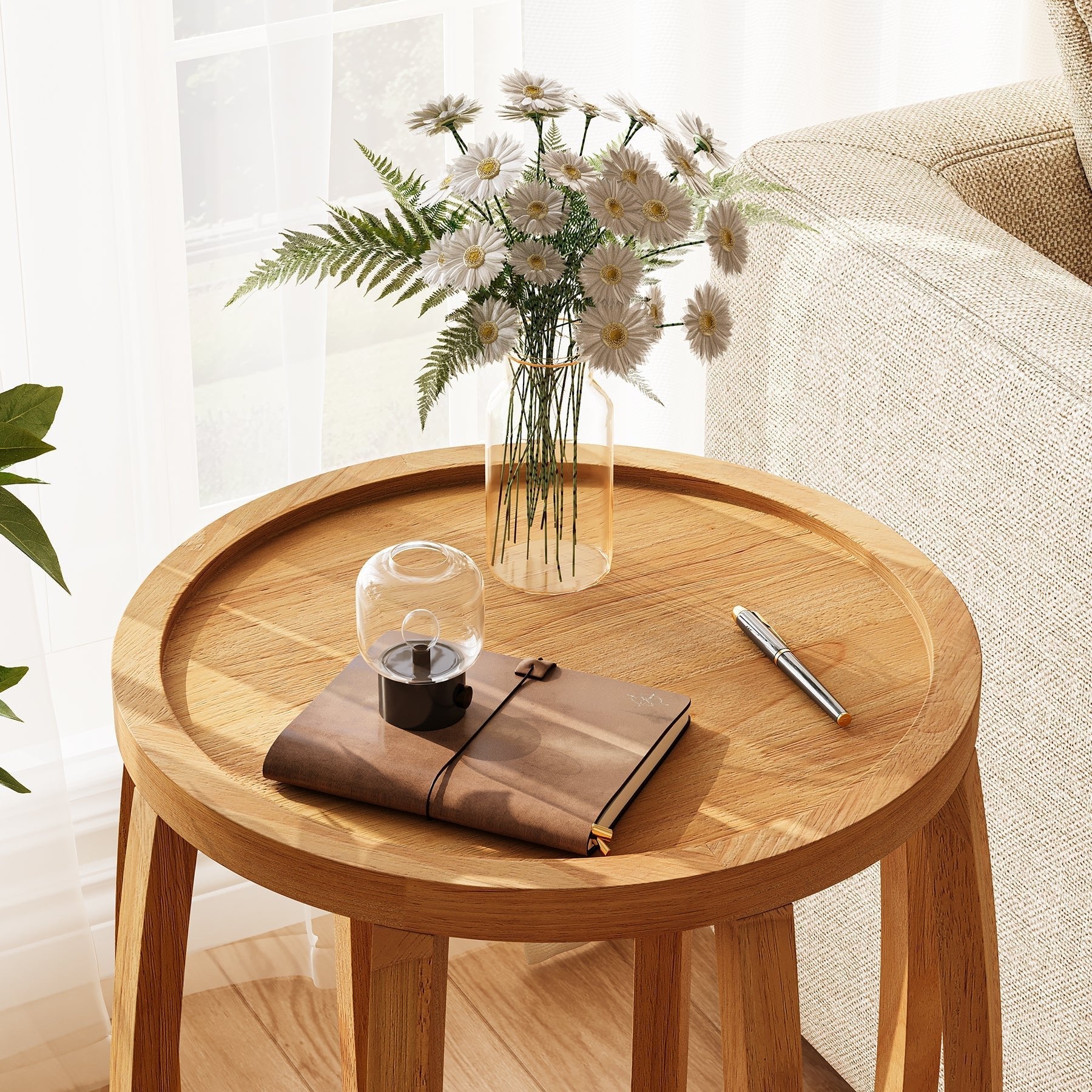 Solid Wood Round End Table, Small Farmhouse Side Table for Living Room