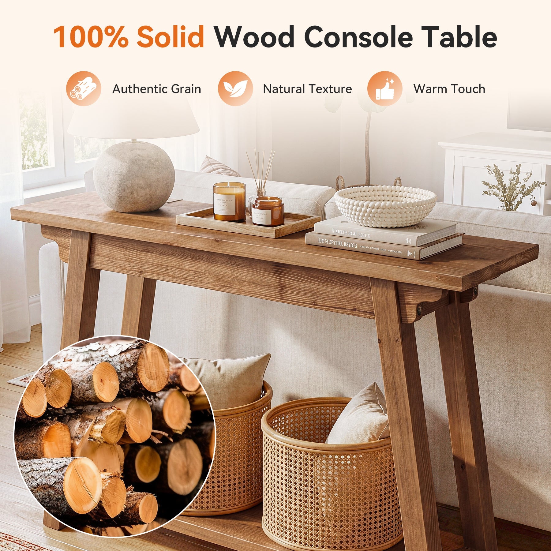 41.3" Solid Wood Console Table, 2-Tier Farmhouse Entryway Table with Stable A-Frame