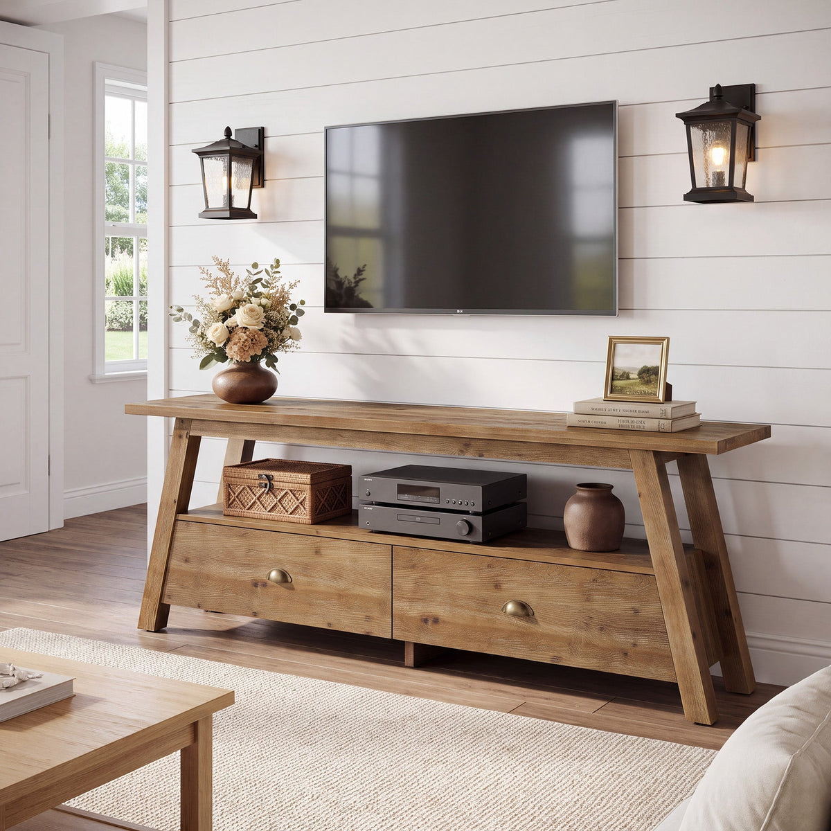 63" TV Stand for TVs Up to 70", Solid Wood 2-Tier Media Console with Drawers