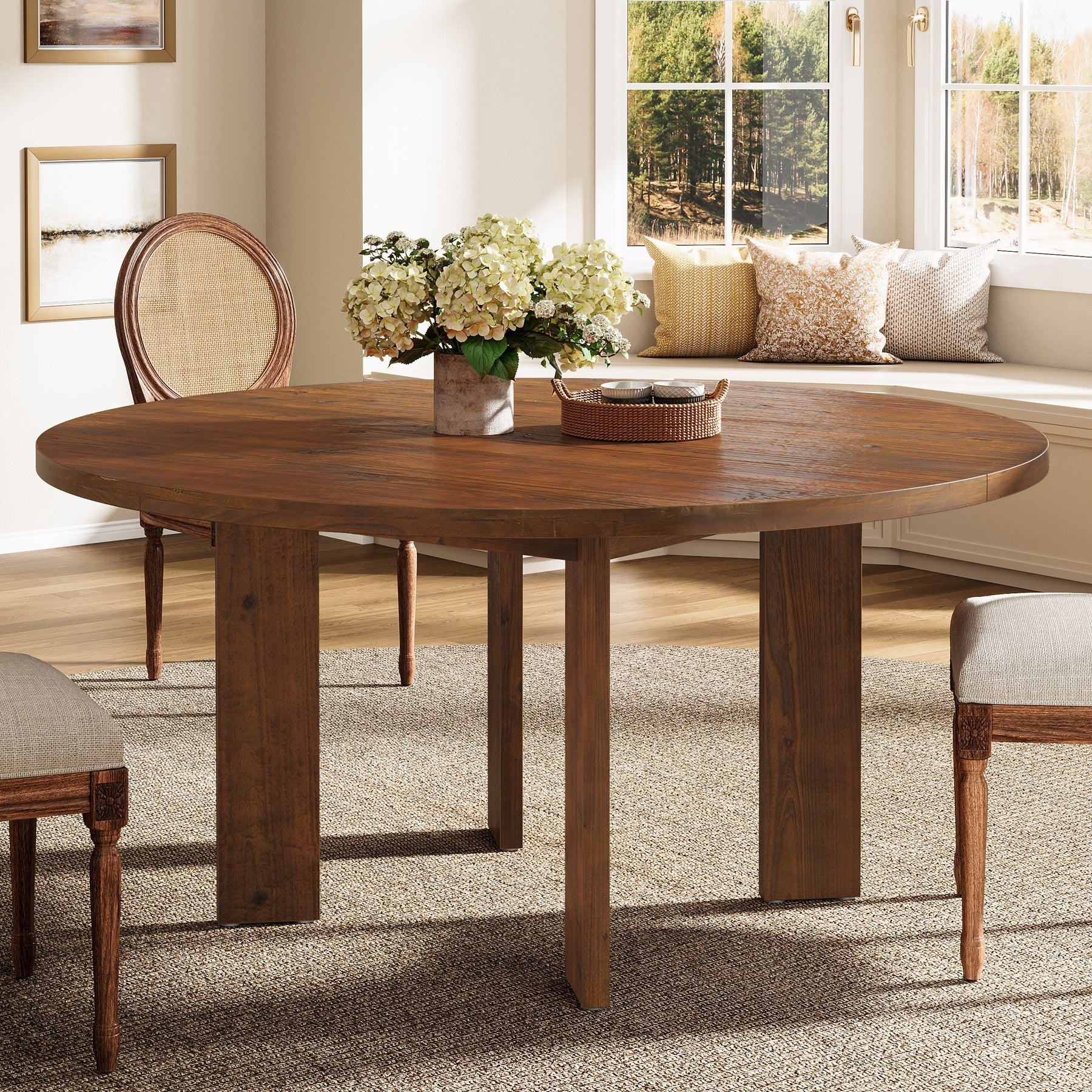 Solid Wood Round Dining Table, 47.24" Farmhouse Kitchen Table for 4-6 People