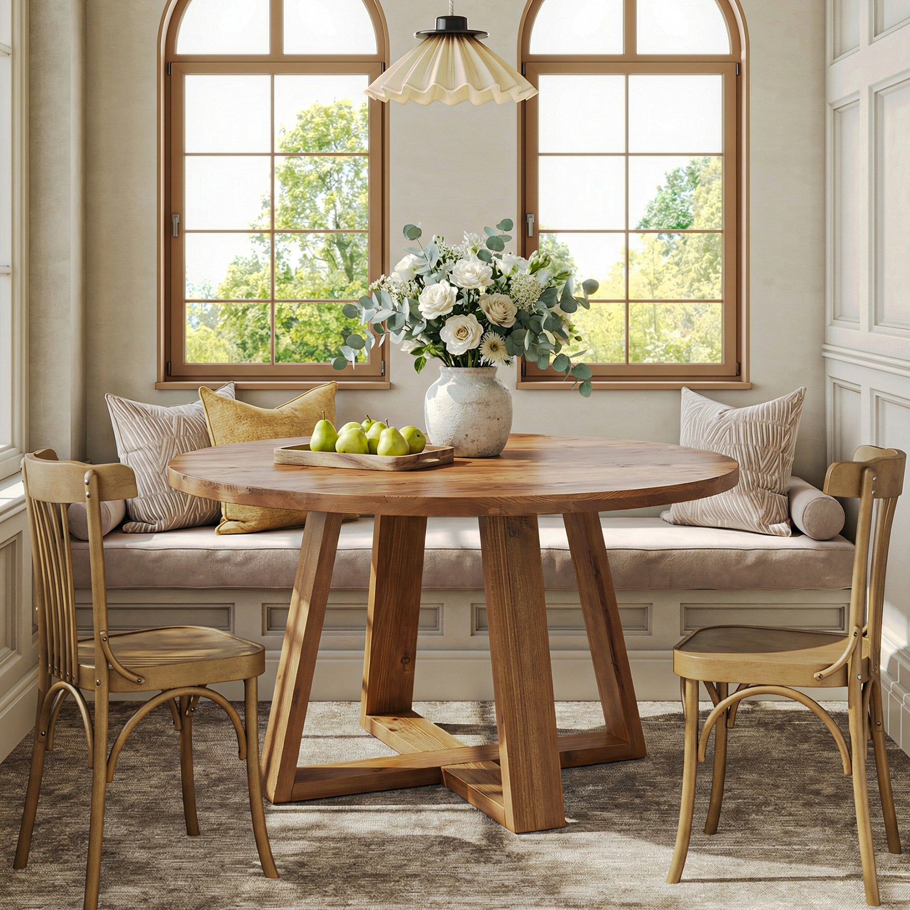 47.2" Round Dining Table, Farmhouse Solid Wood Kitchen Table with Trestle Base for 4