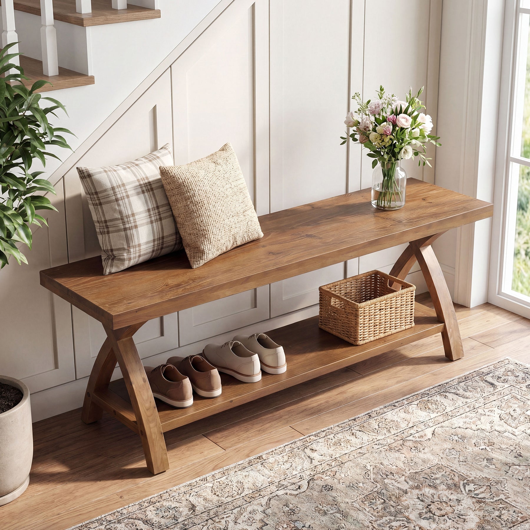 47.2-Inch Solid Wood Entryway Bench with Shoe Storage, 2-Tier Rustic Indoor End of Bed Bench