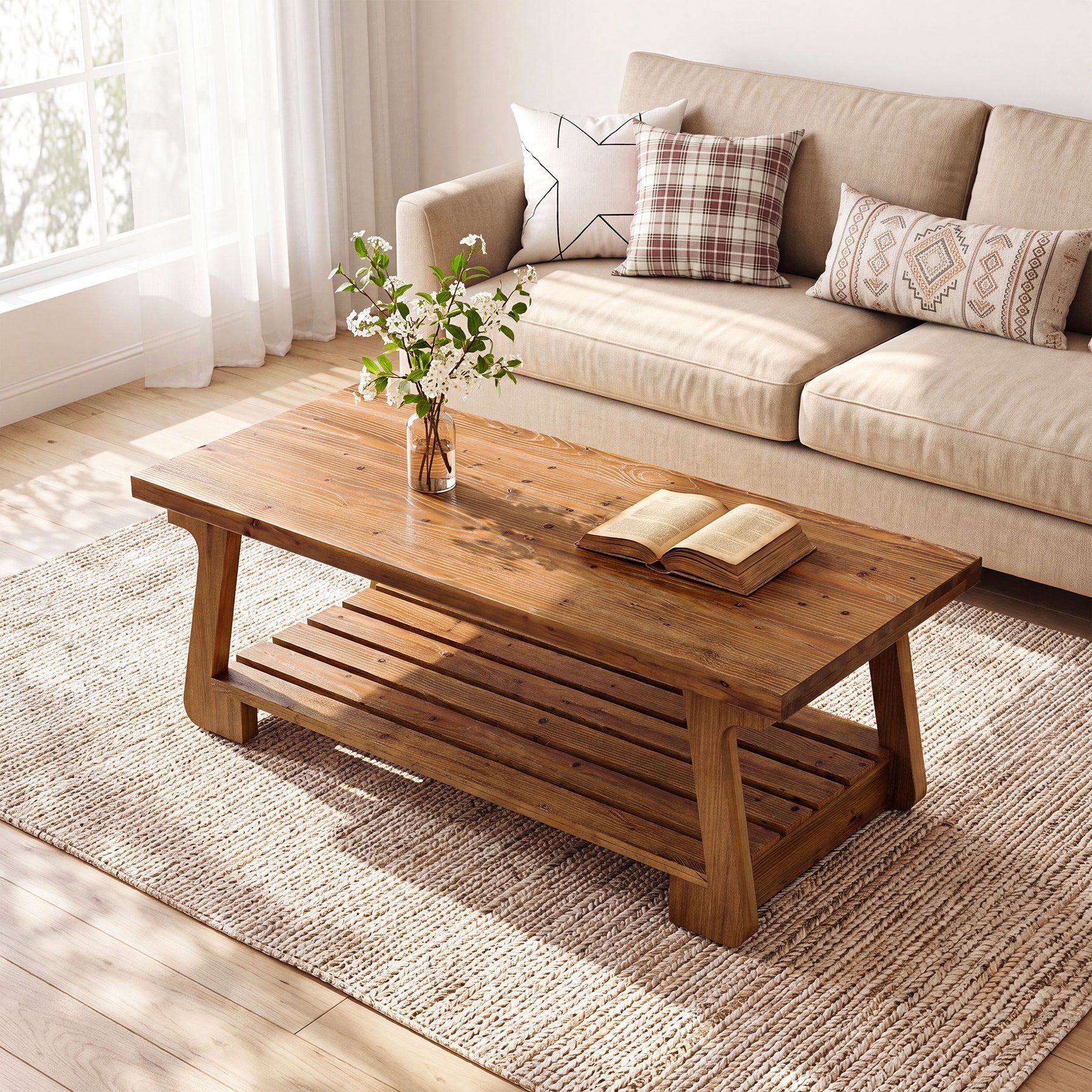 55" Solid Wood Coffee Table, 2-Tier Center Tea Table with Storage Shelf for Living Room