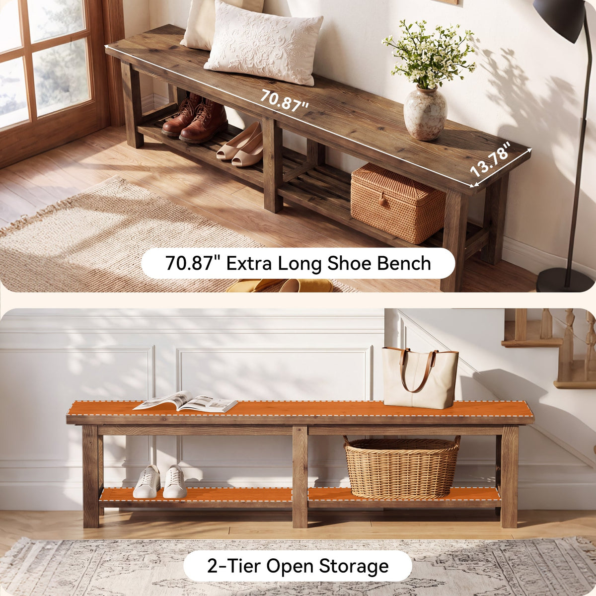 71" Solid Wood TV Stand for 80" TVs, 2-Tier Media Console for Living Room