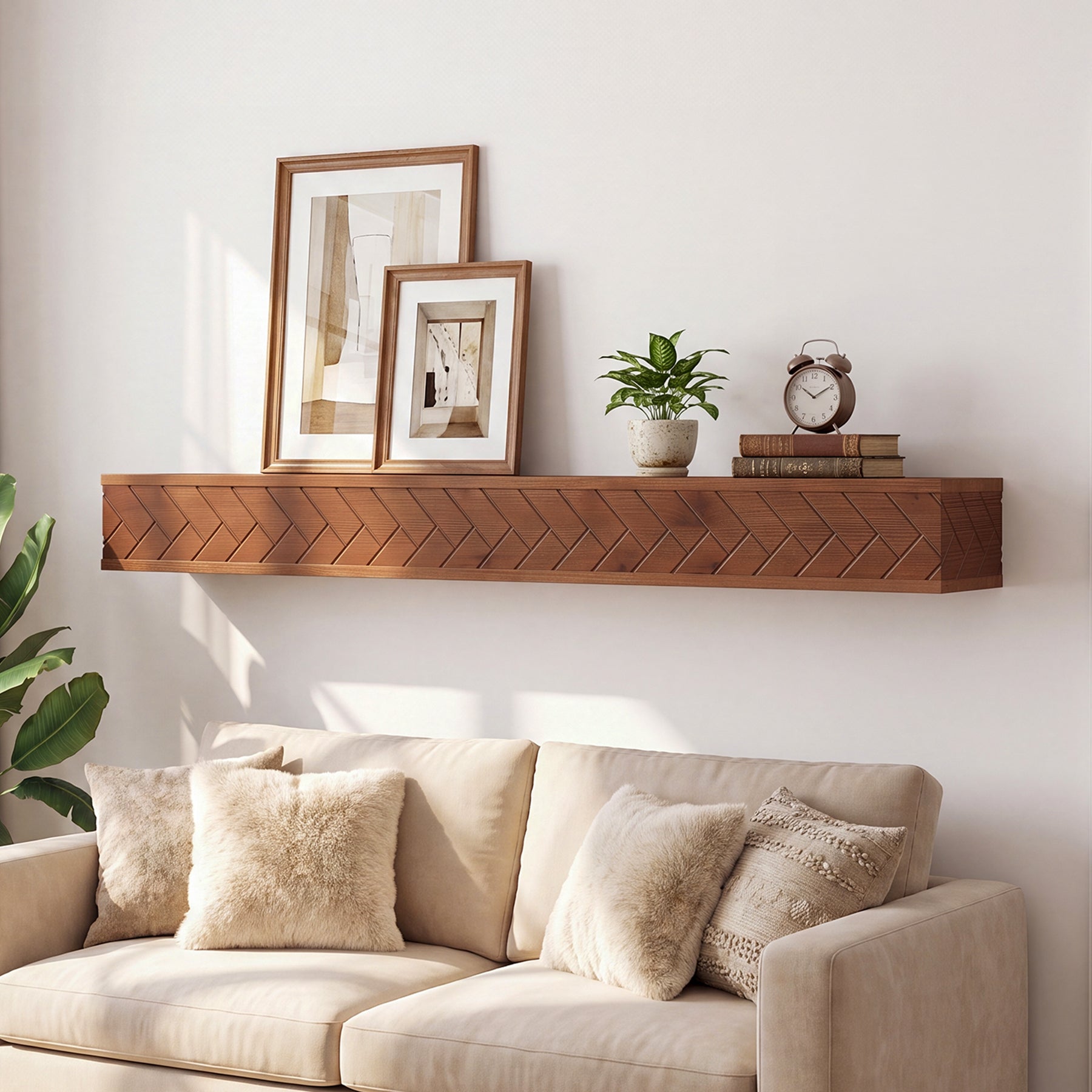 Tribesigns 70.9 Inch Solid Wood Floating Shelf, Hand-Carved Herringbone Wall Display Shelf with Hidden Bracket for Living Room