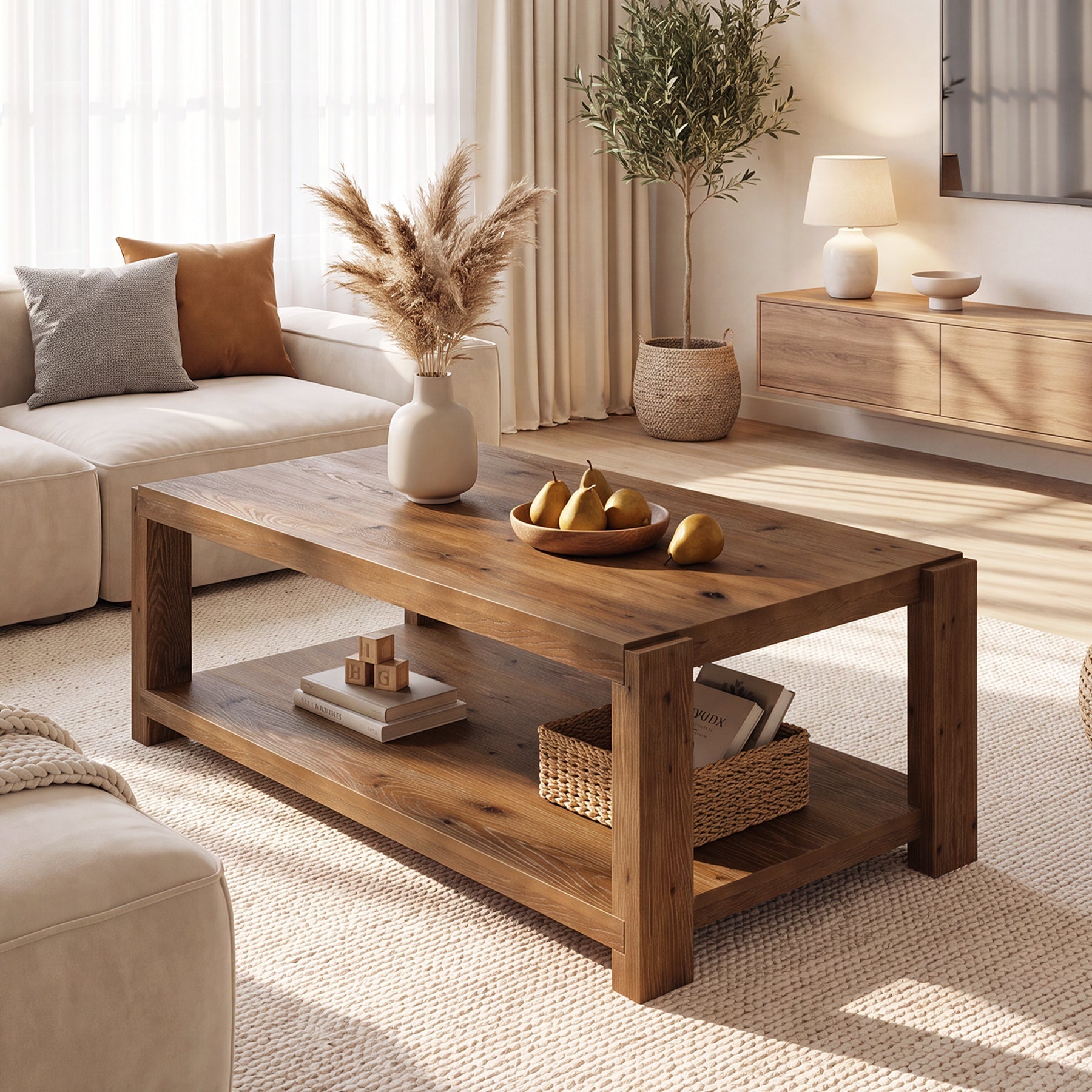 47" Farmhouse Solid Wood Coffee Table, Rectangular Cocktail Table with 2-Tier Open Shelf