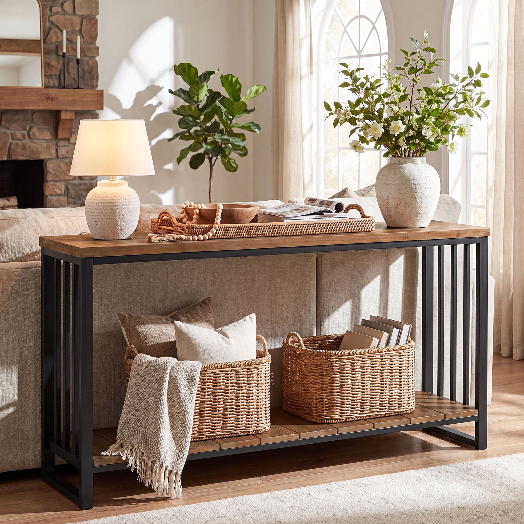 55" Solid Wood Console Table, 2-Tier Entryway Sofa Table with Metal Frame for Hallway & Living Room