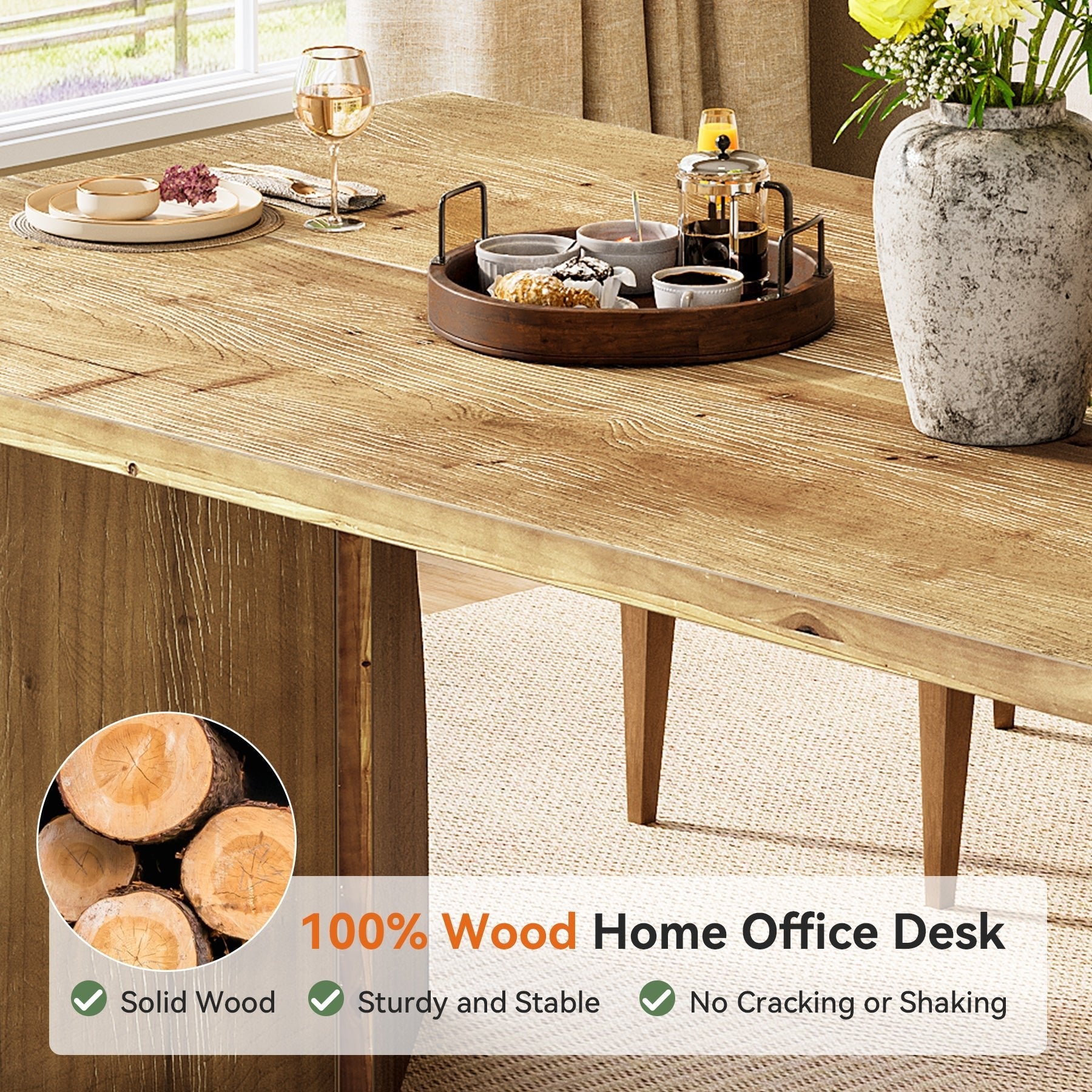 63" Solid Wood Dining Table, Rectangular Kitchen Table For 4-6 People