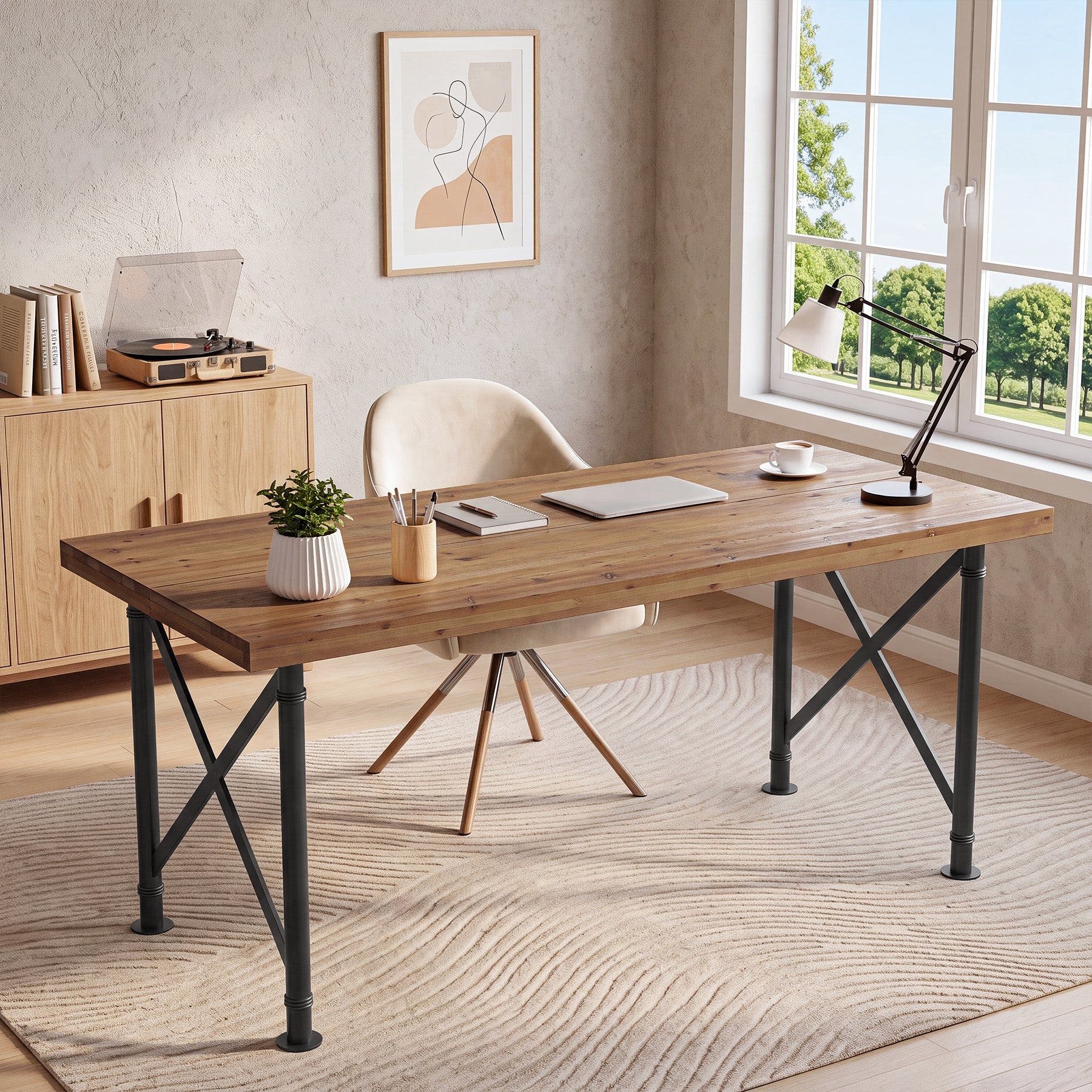 63" Solid Wood Executive Desk, Industrial Home Office Computer Desk