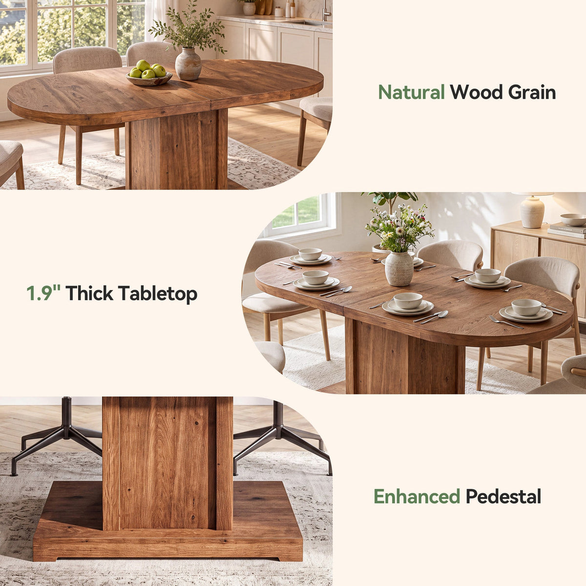 63" Oval Farmhouse Solid Wood Dining Table for 4-6, Sturdy 400 lb Kitchen Table