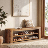 63" Solid Wood Entryway Bench, 3-Tier Window Seating with Shoe Storage 3