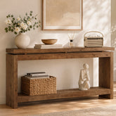 63" Solid Wood Console Table, 2-Tier Accent Sofa Table with Layered Double-Top Design 3