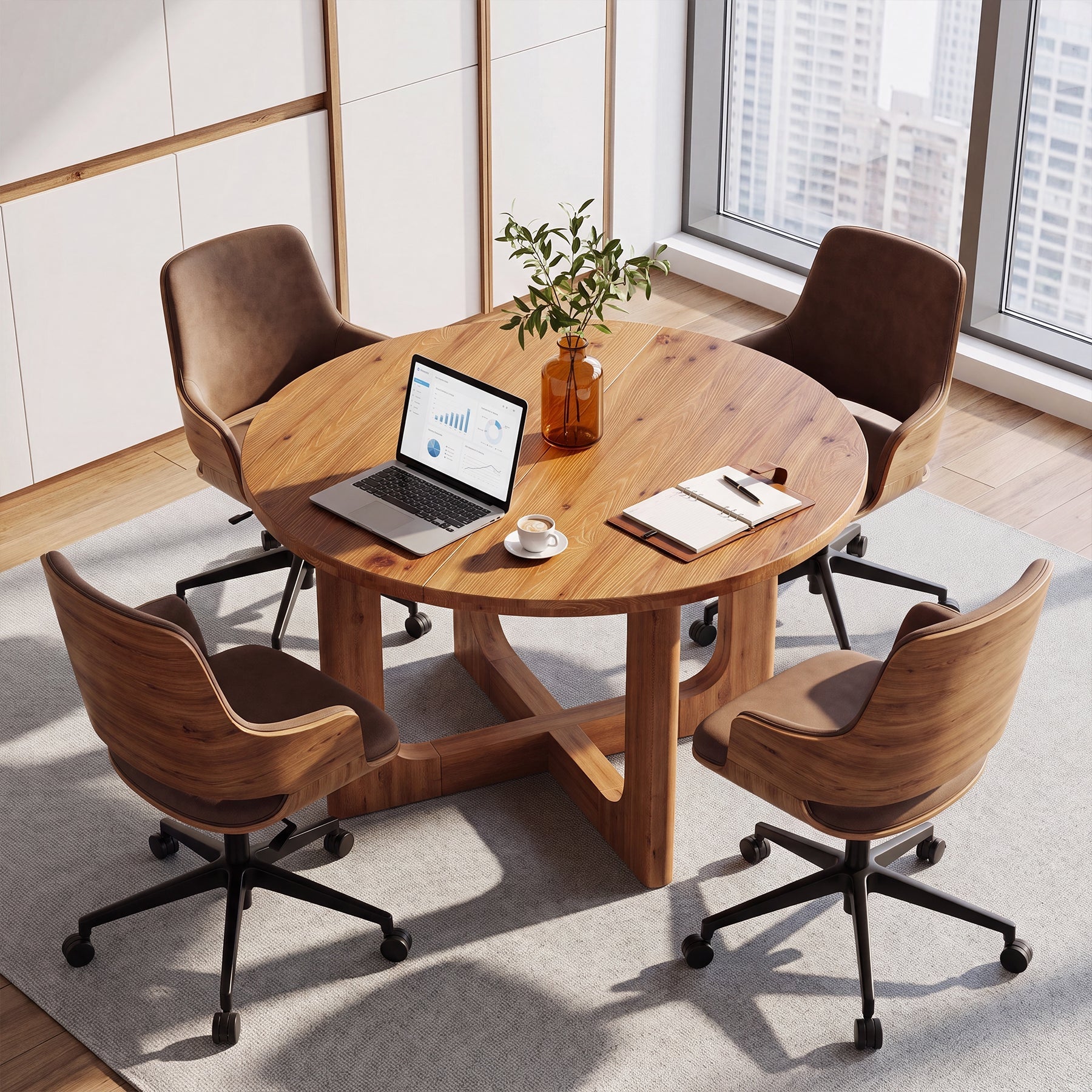 Round Solid Wood Conference Table, 39.4" Meeting Table with Cross Base for Office