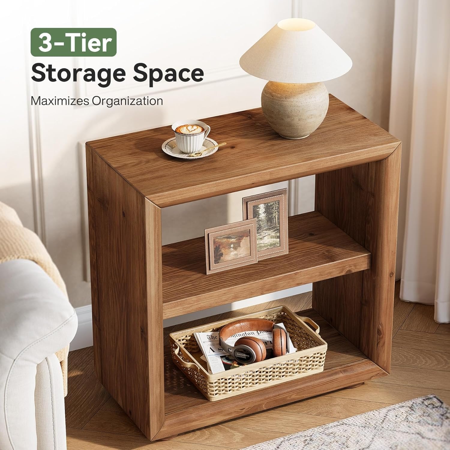3-Tier End Table, Wood Side Table Nightstand with Storage Shelves
