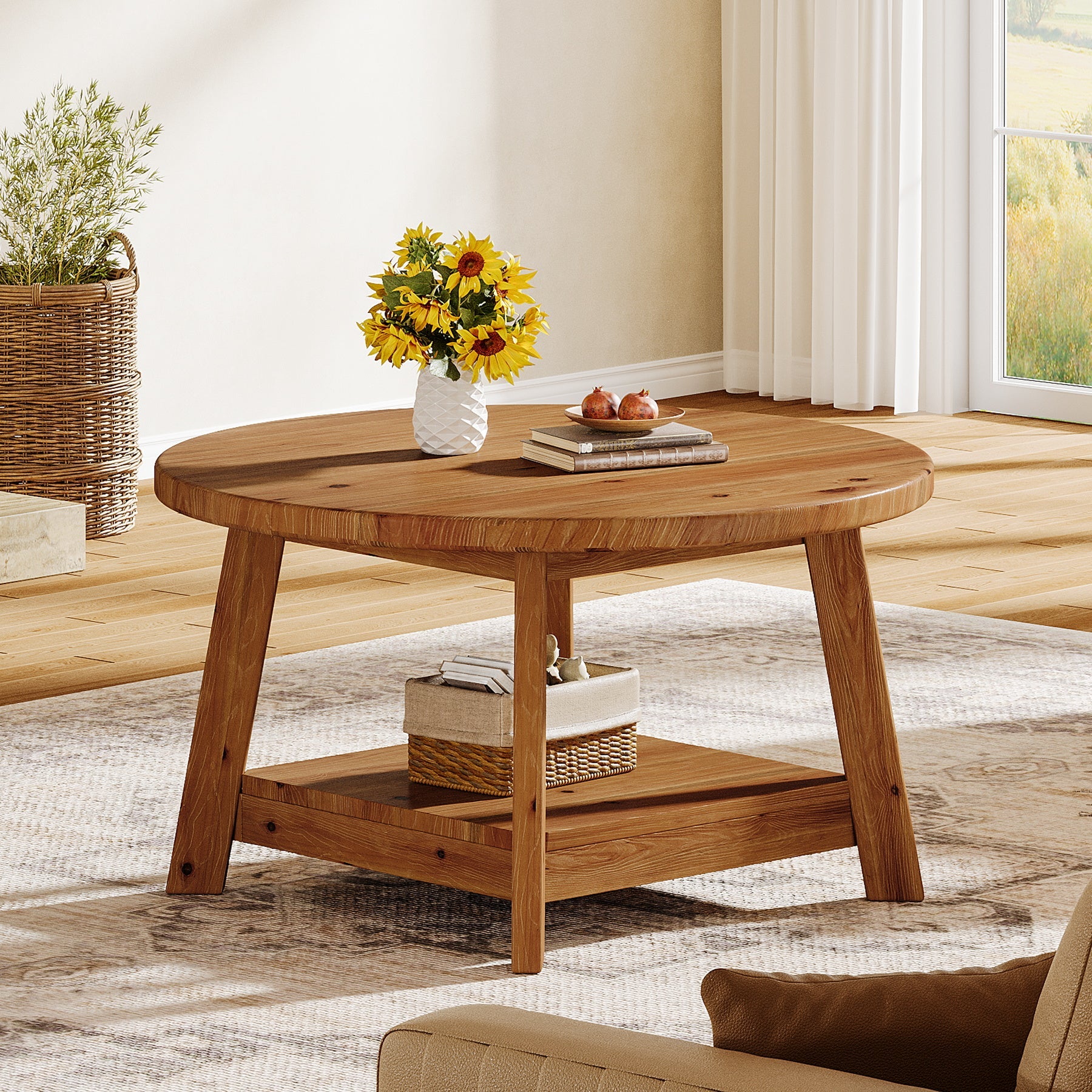 31.5" Round Coffee Table, 2-Tier Solid Wood Center Cocktail Accent Table
