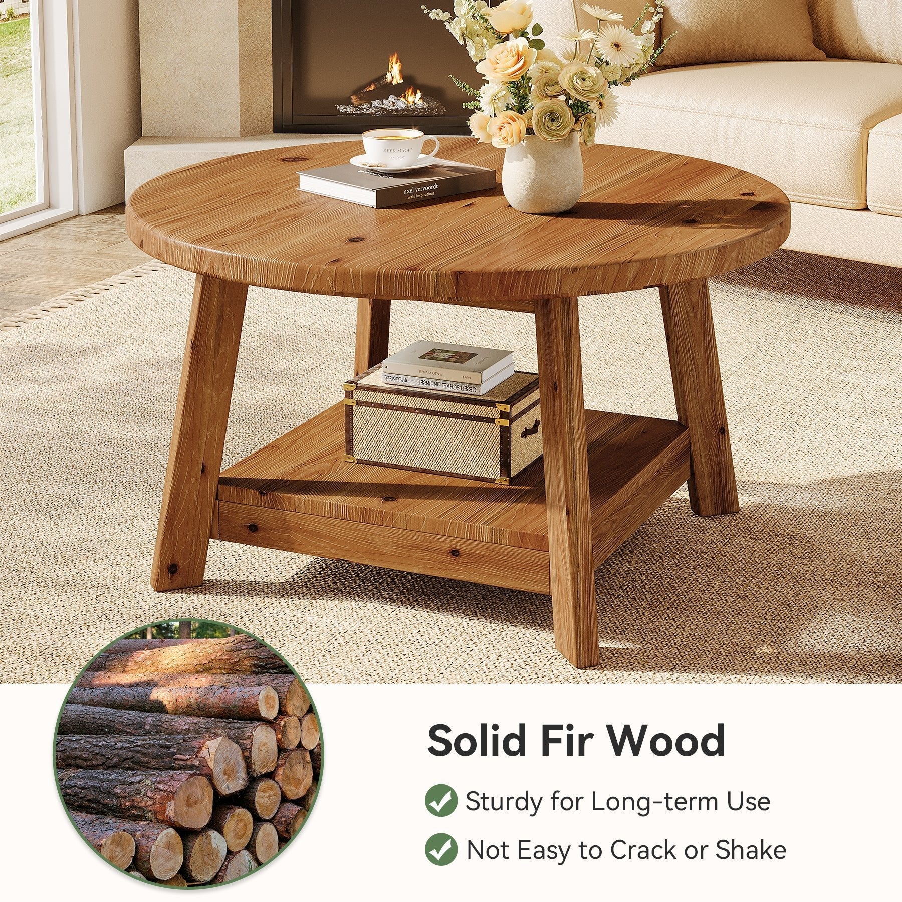 31.5" Round Coffee Table, 2-Tier Solid Wood Center Cocktail Accent Table