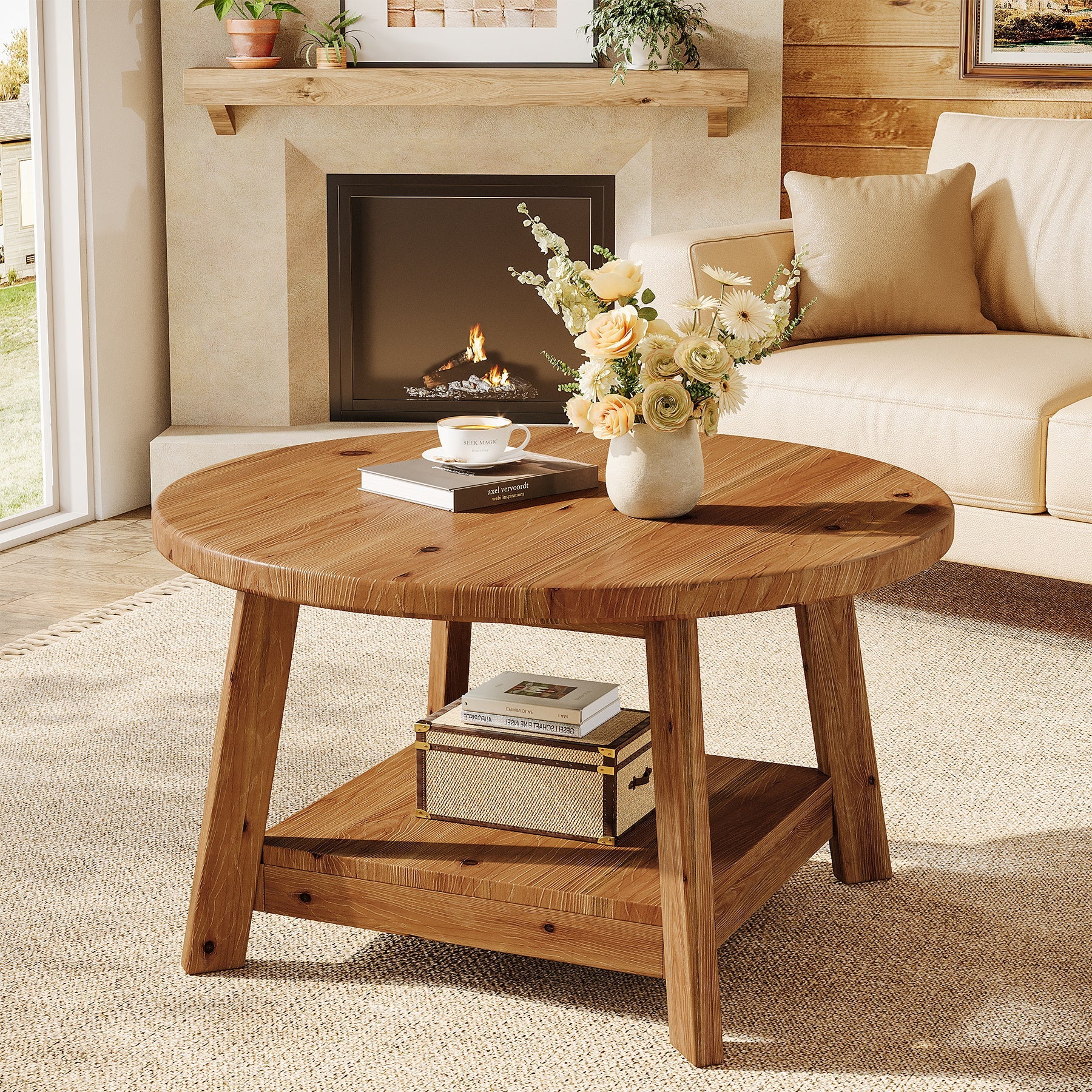 31.5" Round Coffee Table, 2-Tier Solid Wood Center Cocktail Accent Table