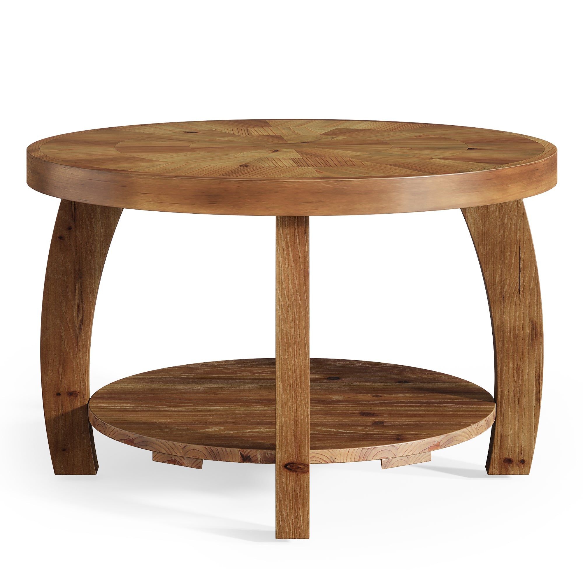 31.5" Round Coffee Table, 2-Tier Solid Wood Center Table with Mosaic Pattern