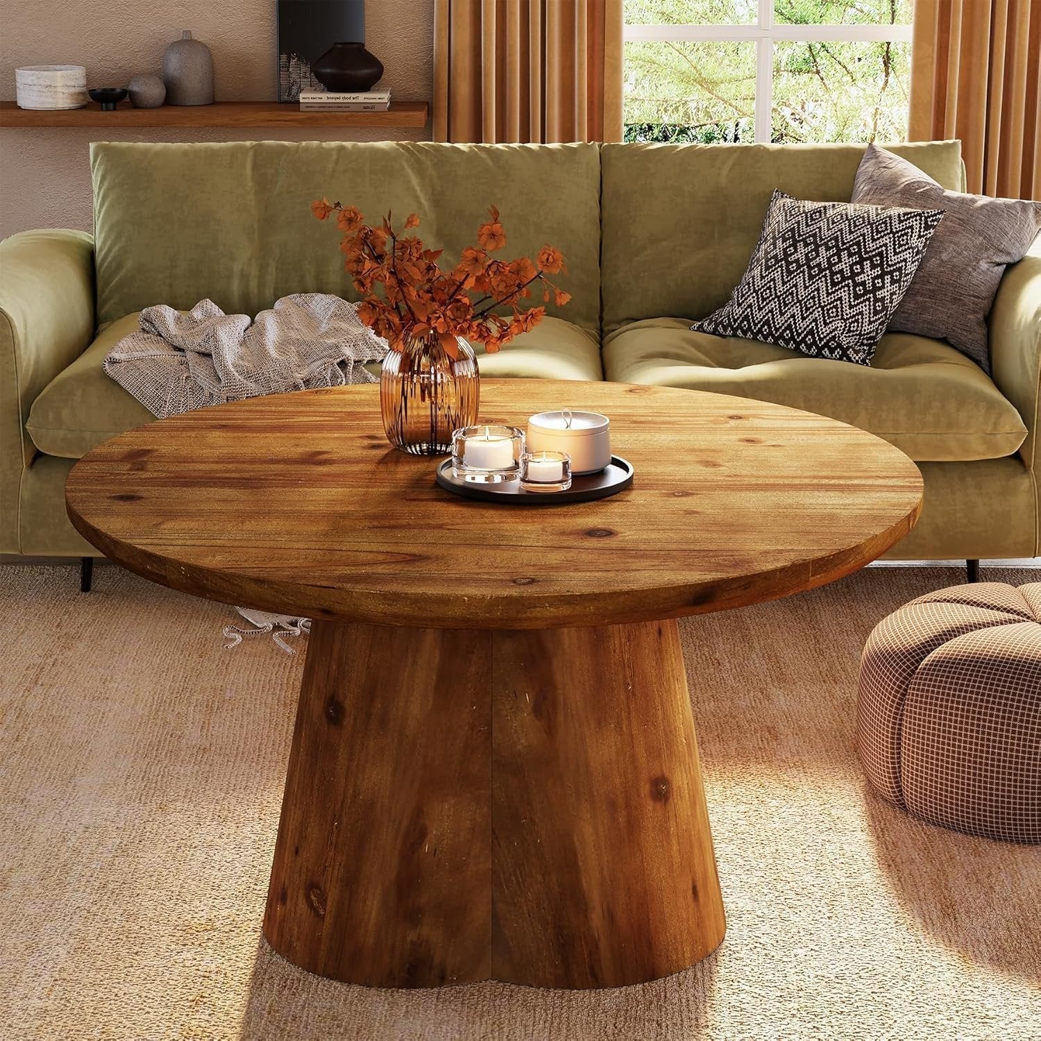 31.5" Round Coffee Table, Farmhouse Solid Wood Center Tea Table with Robust Base