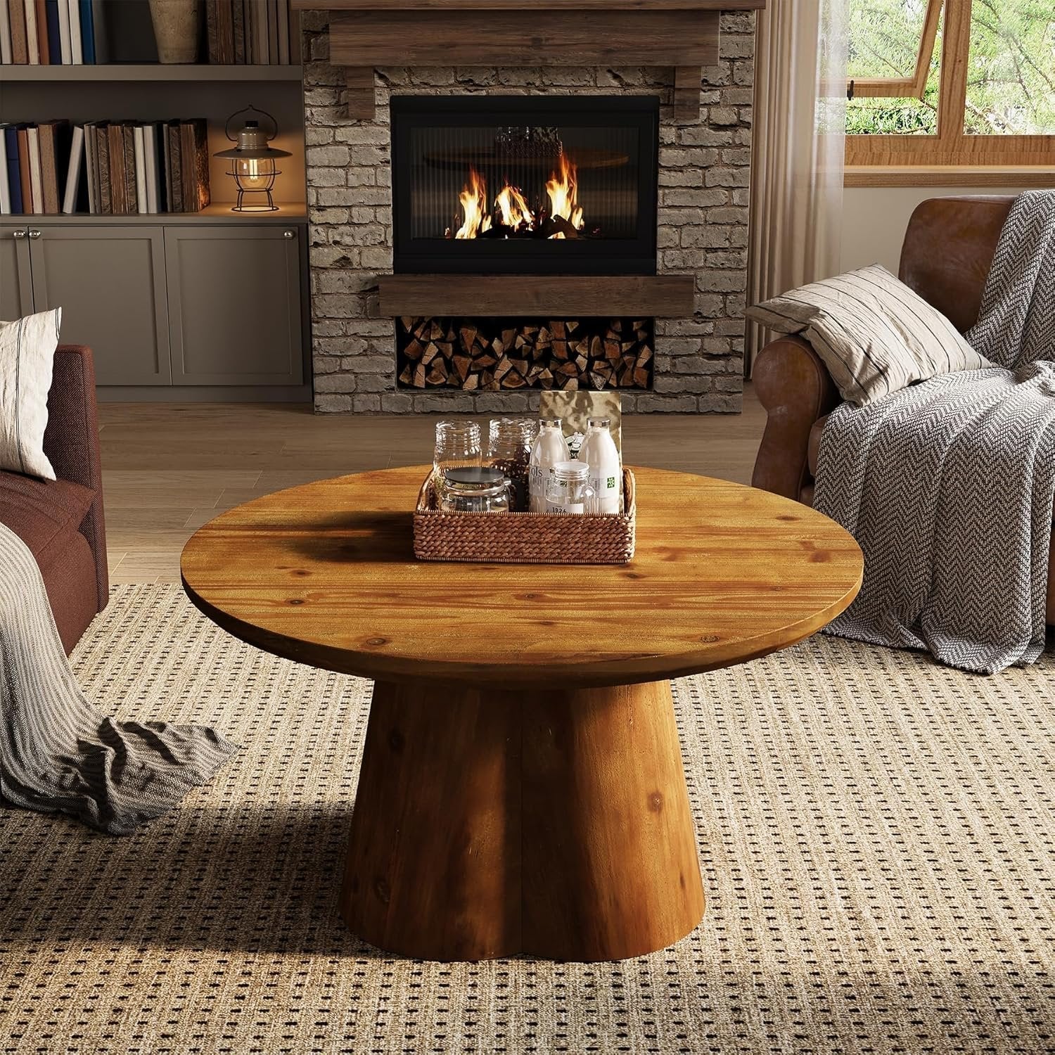31.5" Round Coffee Table, Farmhouse Solid Wood Center Tea Table with Robust Base