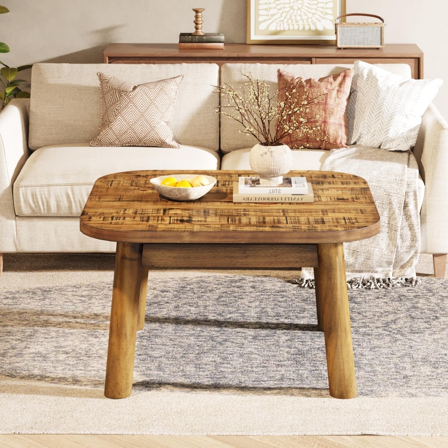 31.5" Square Coffee Table, Farmhouse Solid Wood Center Table with Rounded Corners