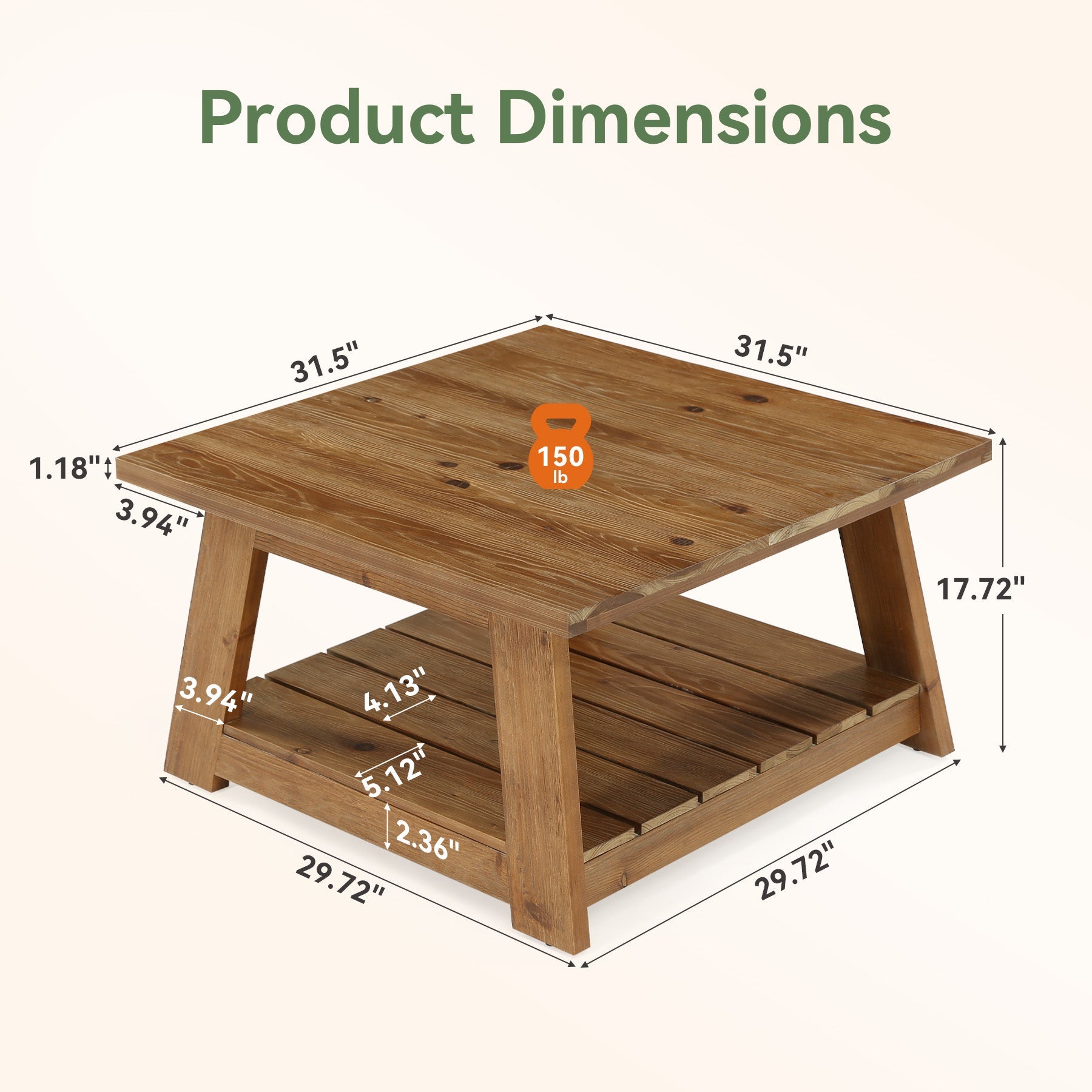 31.5" Square Coffee Table, Solid Wood 2-Tier Accent Center Cocktail Table