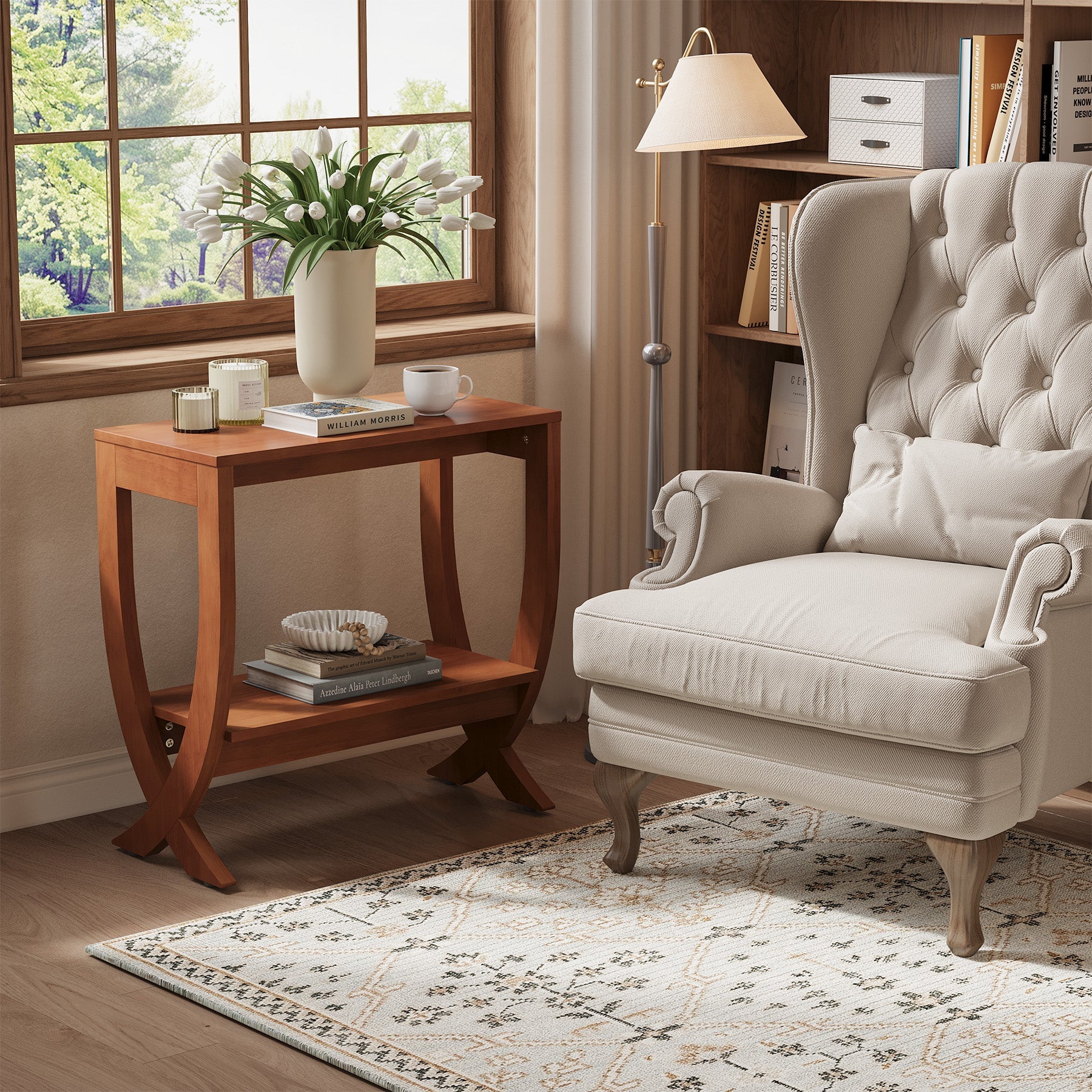 Solid  Wood End Table, 2-Tier Couch Side Table with Arched Legs