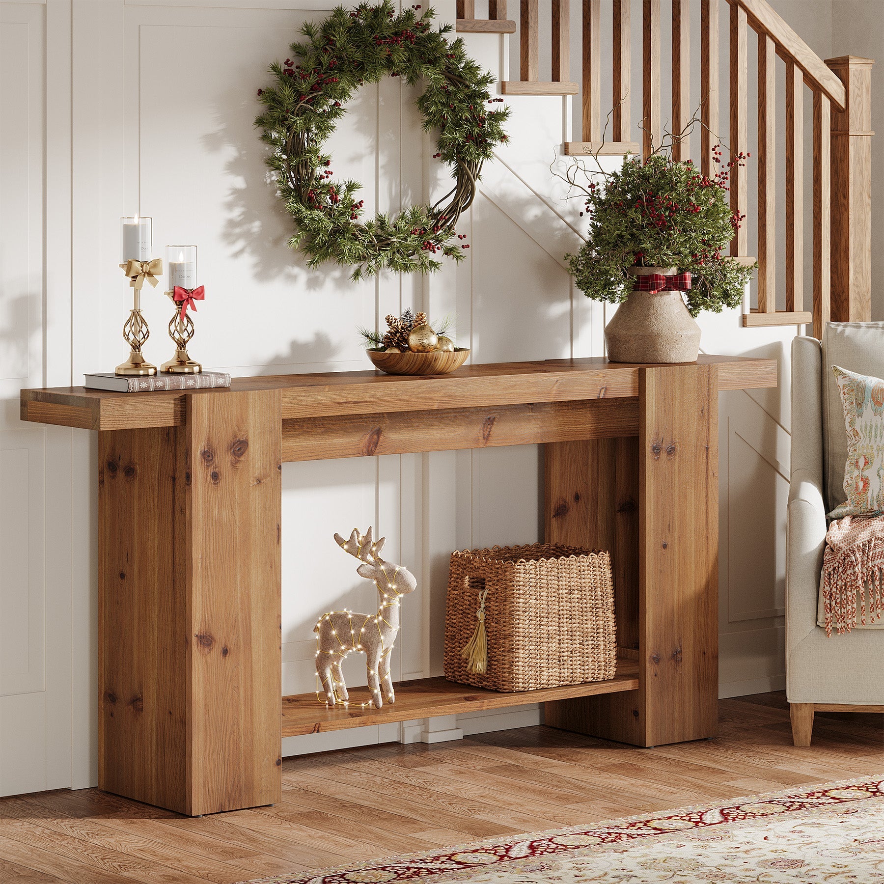 2-Tier Solid Wood Console Table, 63" Entryway Sofa Table with Storage