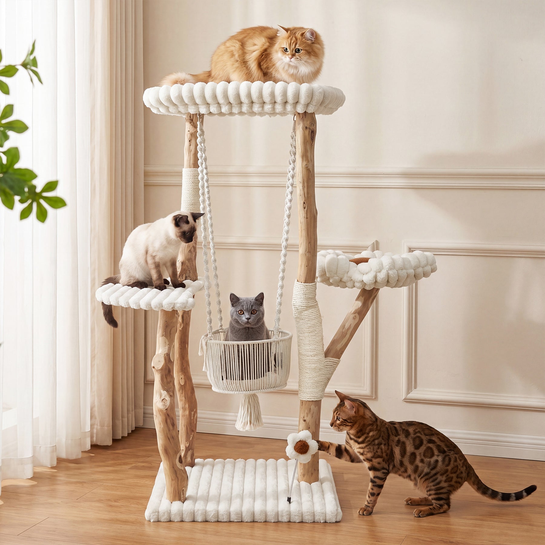 51" Solid Wood Cat Tree with Scratching Posts, Cat Tower with Swinging Basket, Washable Cushion, Dangling Toy
