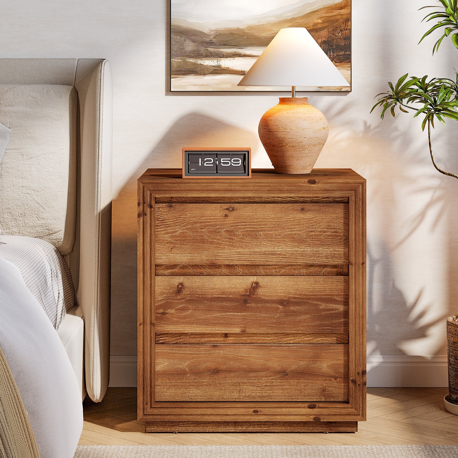 Solid Wood Farmhouse Nightstand, 3-Drawer 23.62"  Bedside Table with Storage