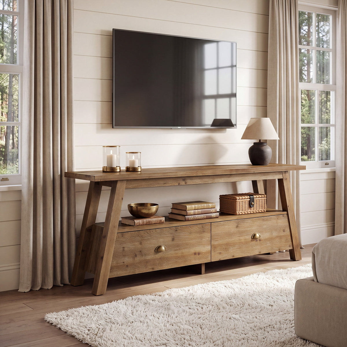 63" TV Stand for TVs Up to 70", Solid Wood 2-Tier Media Console with Drawers