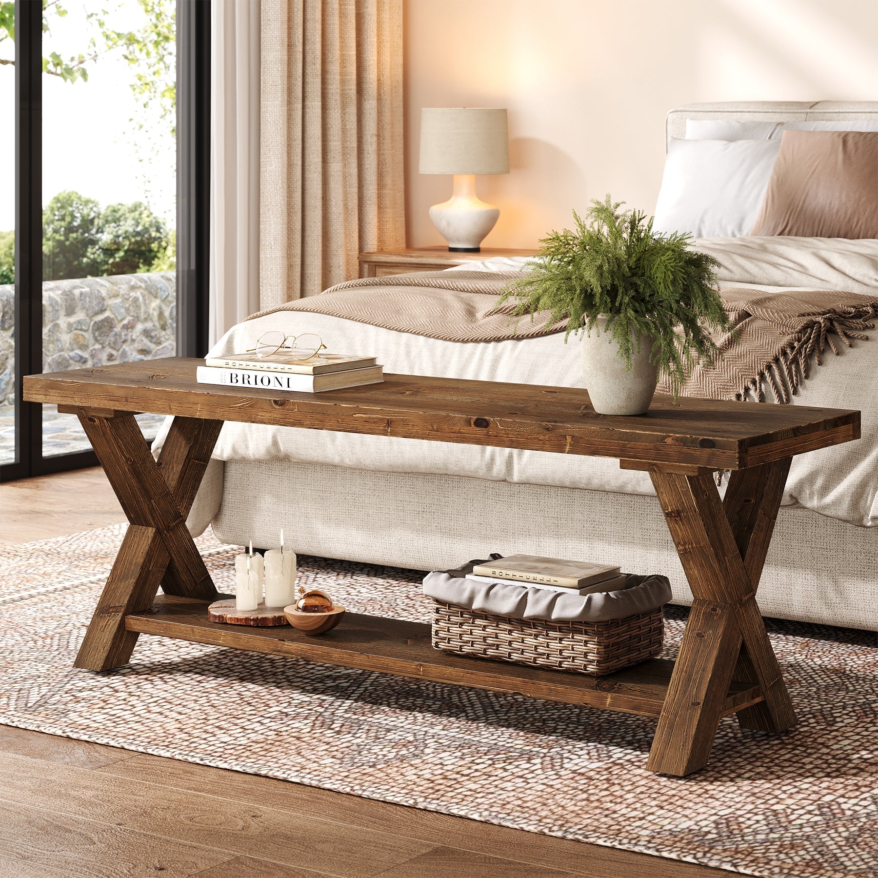 43.3" Solid Wood Bench, Farmhouse Entryway Bench with Storage Shelf