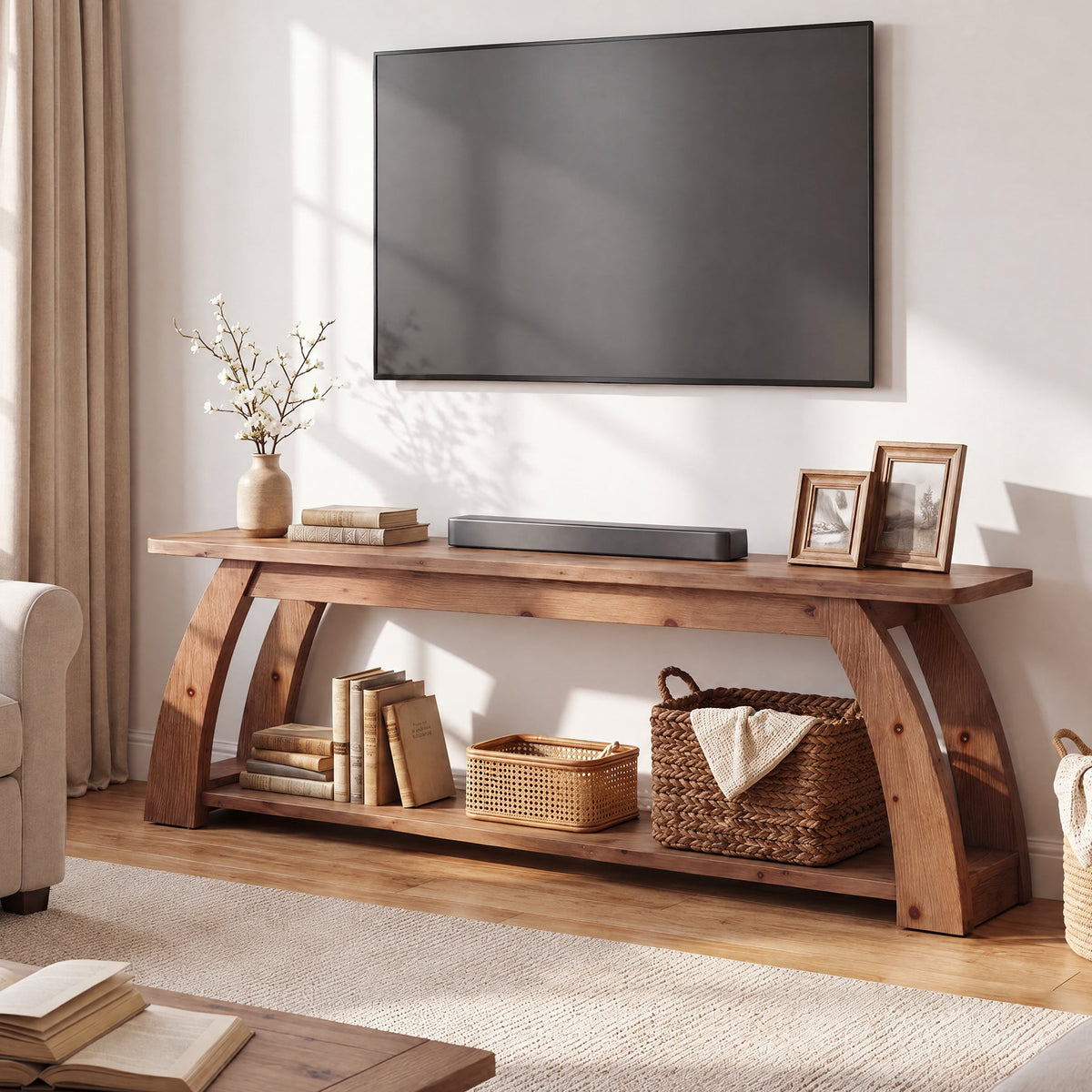 63" Solid Wood TV Stand for up to 75" TVs, 2-Tier  Entertainment Center with Open Storage