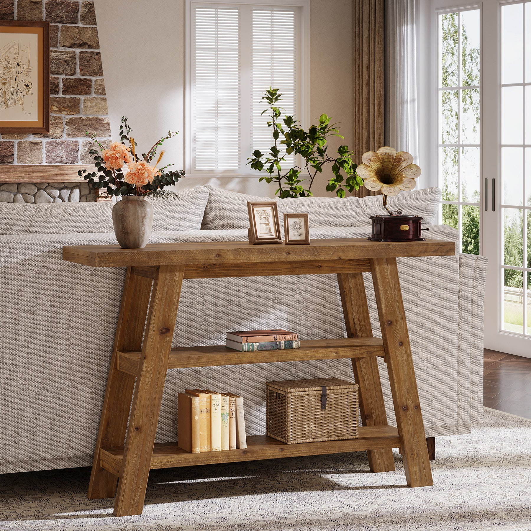 Solid Wood Console Table, 47.24" Farmhouse Entryway Table with 3-Tier Shelves