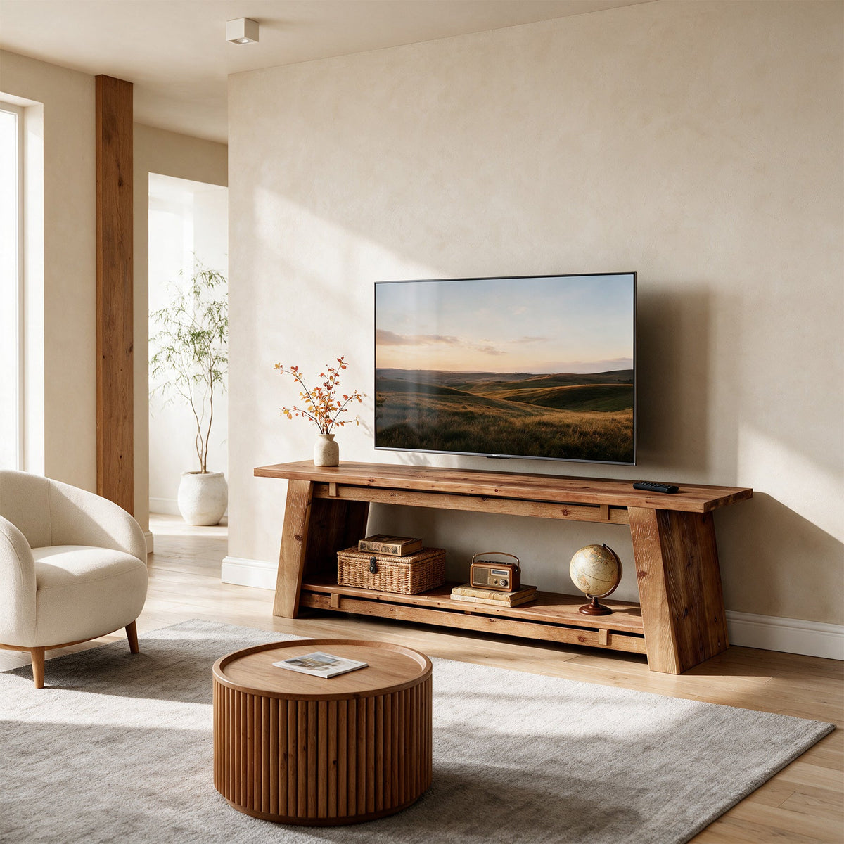 Tribesigns 63" Solid Wood TV Stand with 2-Tier Storage, Farmhouse Media Console for 70" TVs