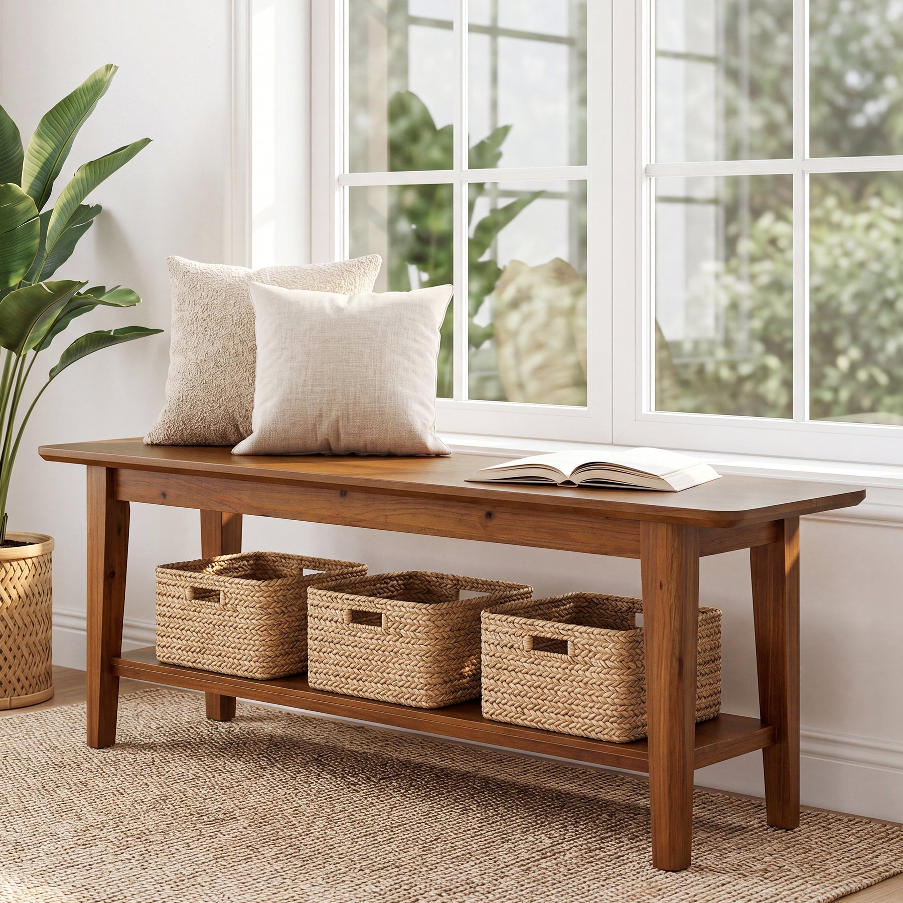 55" Solid Wood Entryway Bench, Farmhouse Shoe Storage Bench With Shelf For Hallway