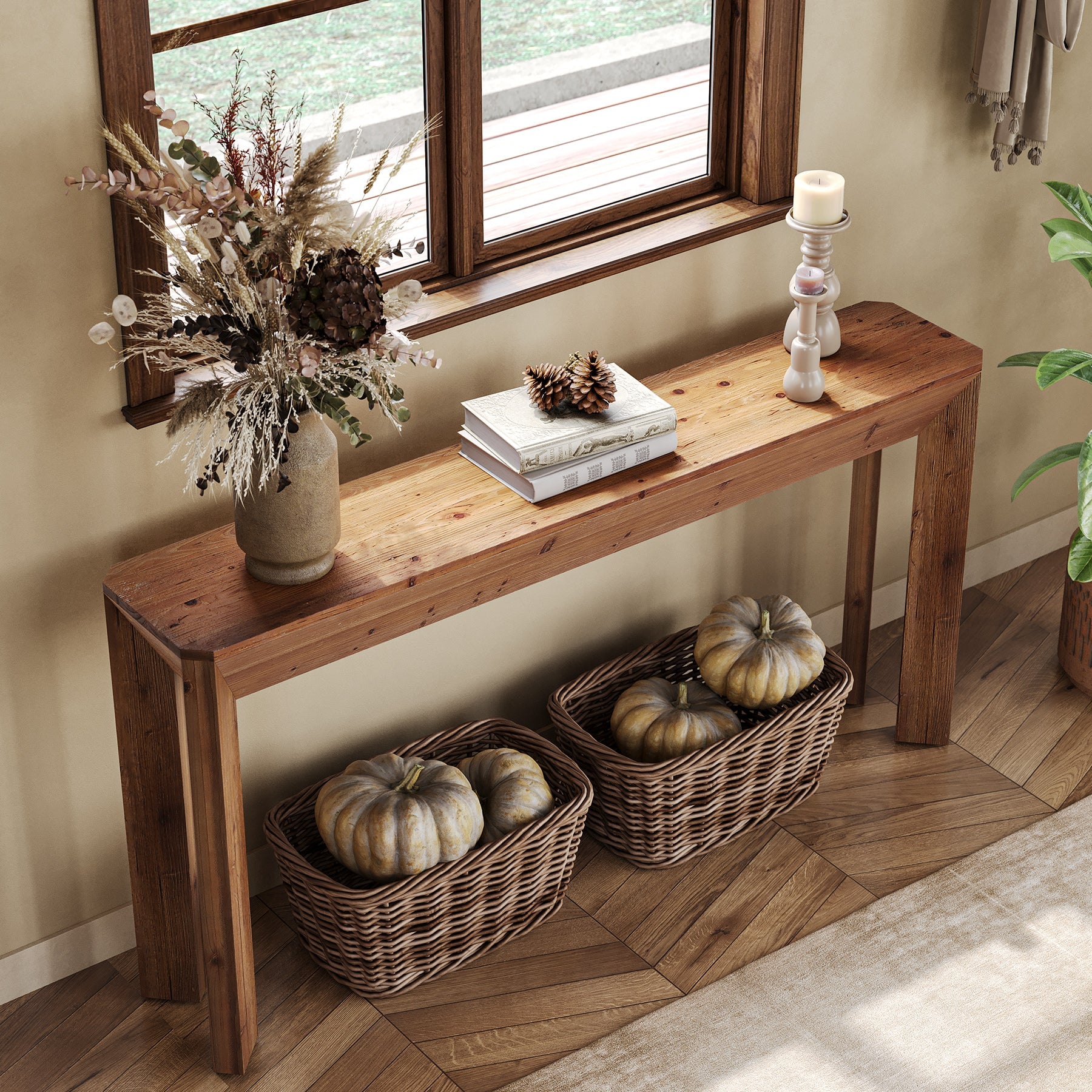 Solid Wood Console Table, 63" Entryway Table with Integrated Splayed Legs