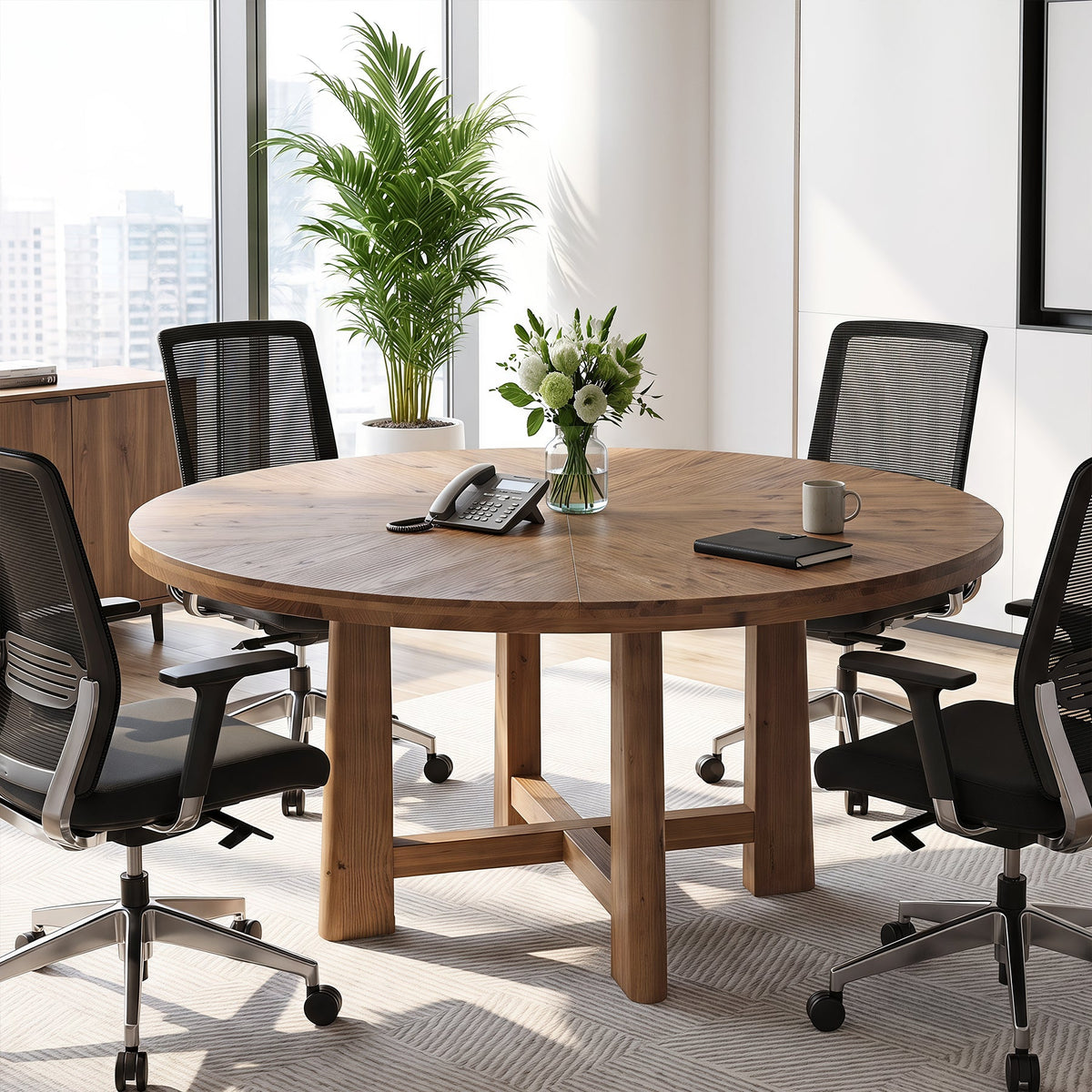 47" Round Conference Table for 4-6, Solid Wood Farmhouse Meeting Room, Home Office
