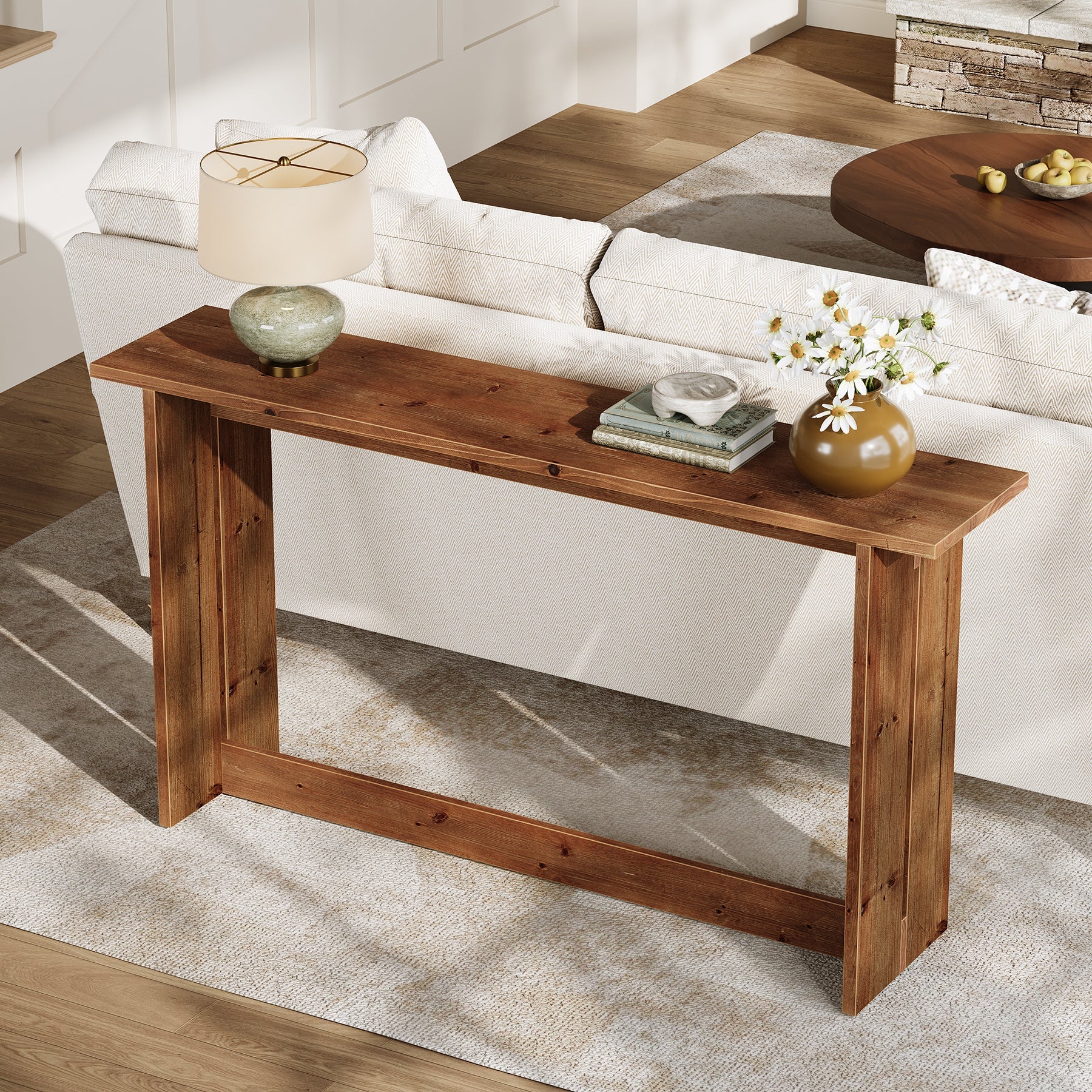 63“ Solid Wood Farmhouse Console Table with Bottom Shelf, Entryway Sofa Table for Hallway or Behind Couch