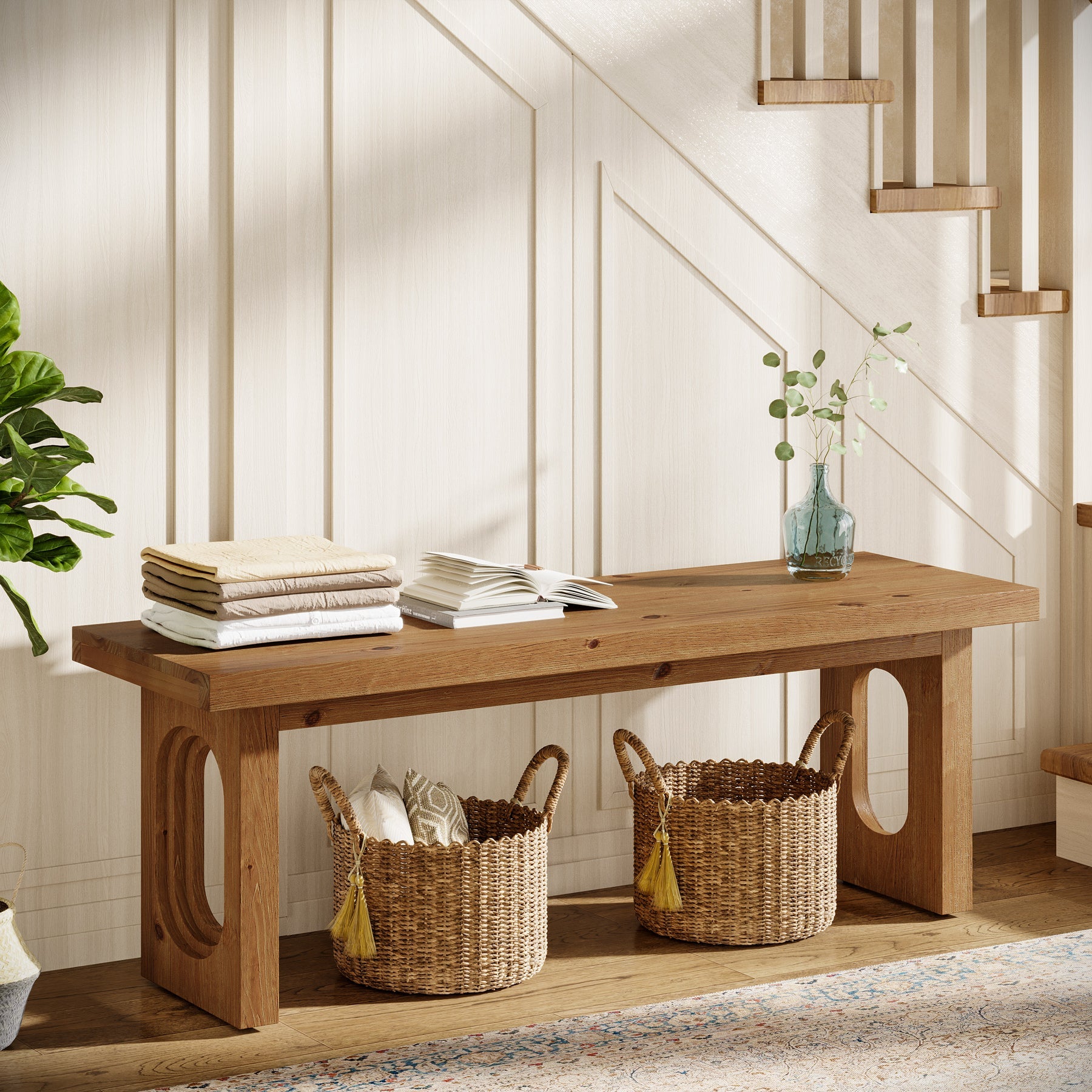 Solid Wood Entryway Bench, 43.3" Farmhouse Shoe Bench with Hollowed Legs