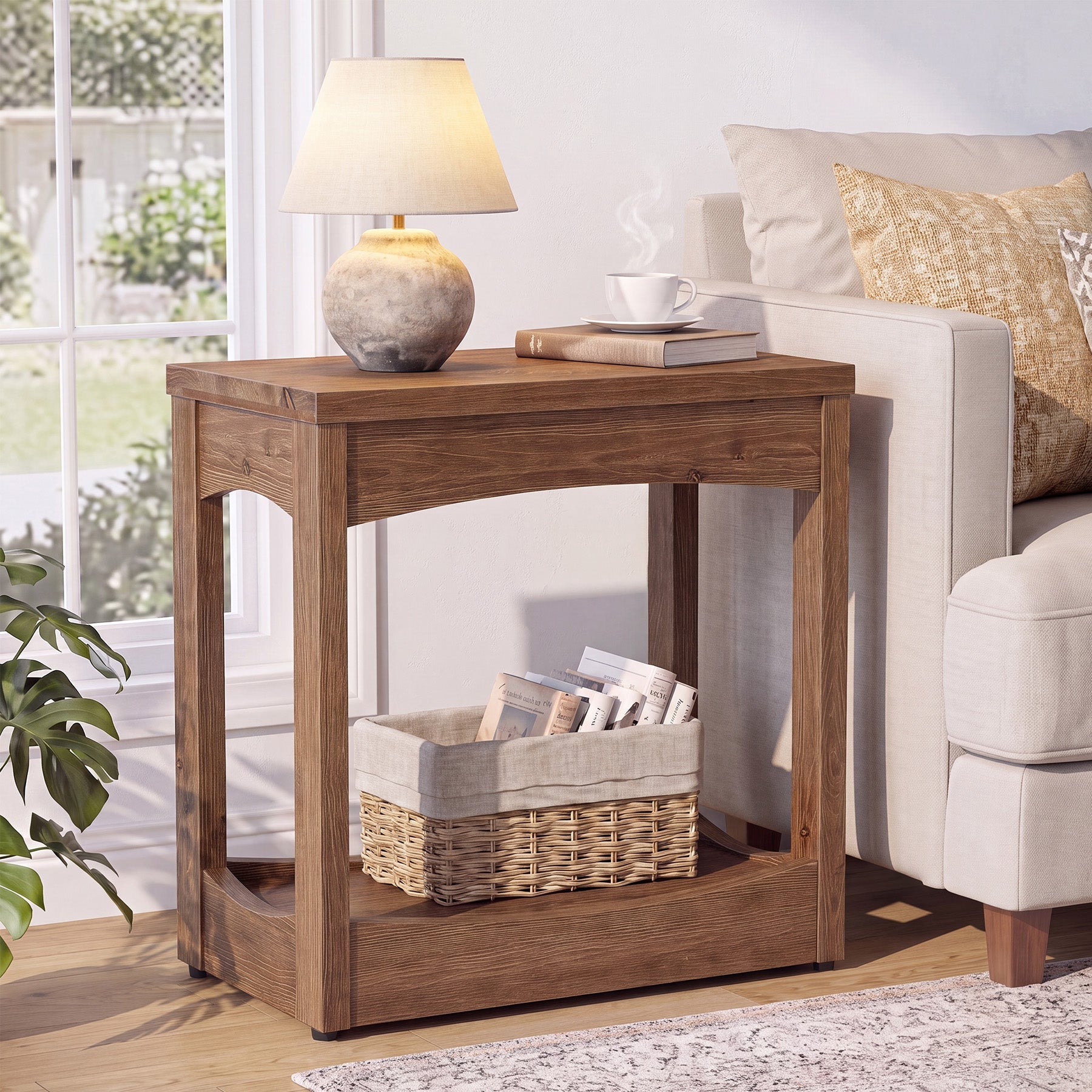 23.62" Solid Wood End Table, Rectangle Side Table with 2-Tier Shelf for Small Spaces
